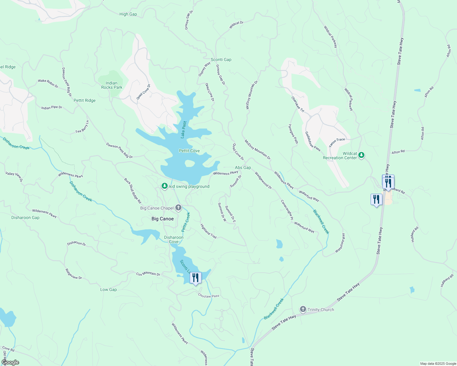 map of restaurants, bars, coffee shops, grocery stores, and more near 132 Summit Drive East in Ellijay