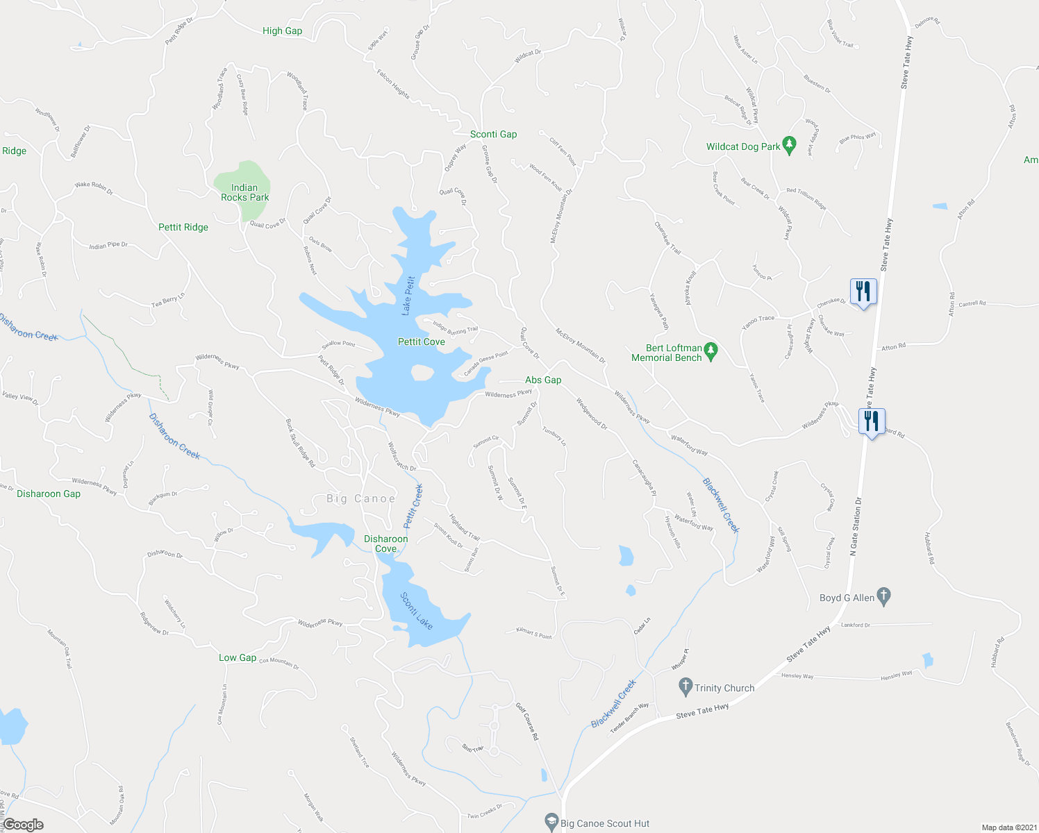 map of restaurants, bars, coffee shops, grocery stores, and more near 132 Summit Drive East in Ellijay