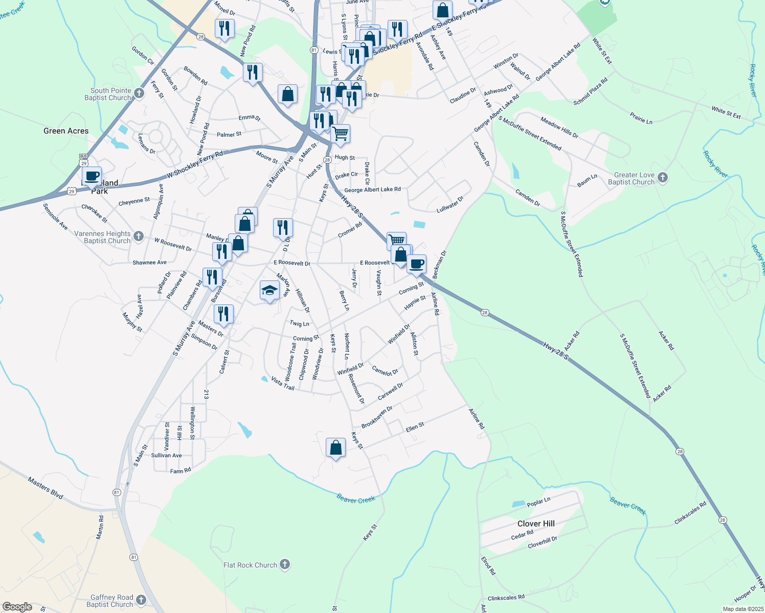 map of restaurants, bars, coffee shops, grocery stores, and more near 326 Corning Street in Anderson