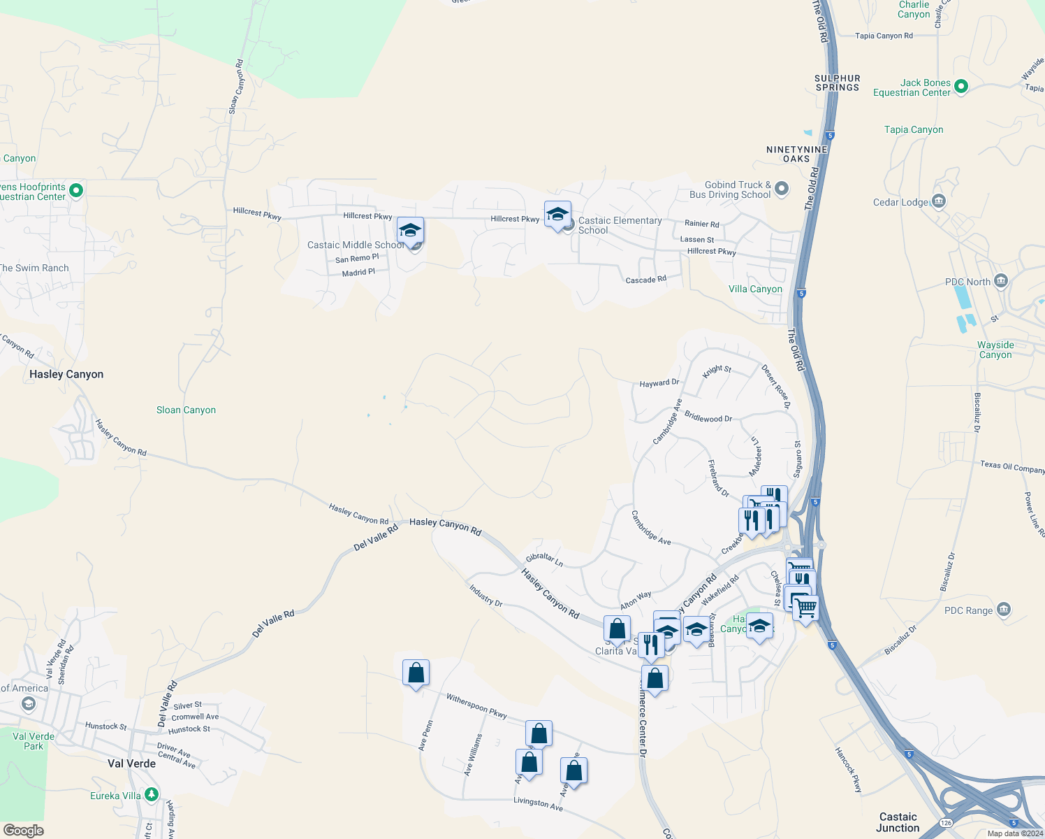 map of restaurants, bars, coffee shops, grocery stores, and more near 28541 Sunny Ridge Terrace in Castaic