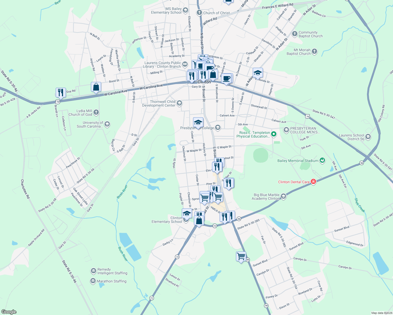 map of restaurants, bars, coffee shops, grocery stores, and more near 307 Cedar St in Clinton