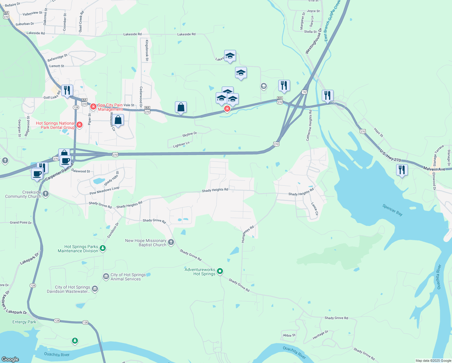 map of restaurants, bars, coffee shops, grocery stores, and more near 112 Clubhouse Circle in Garland County