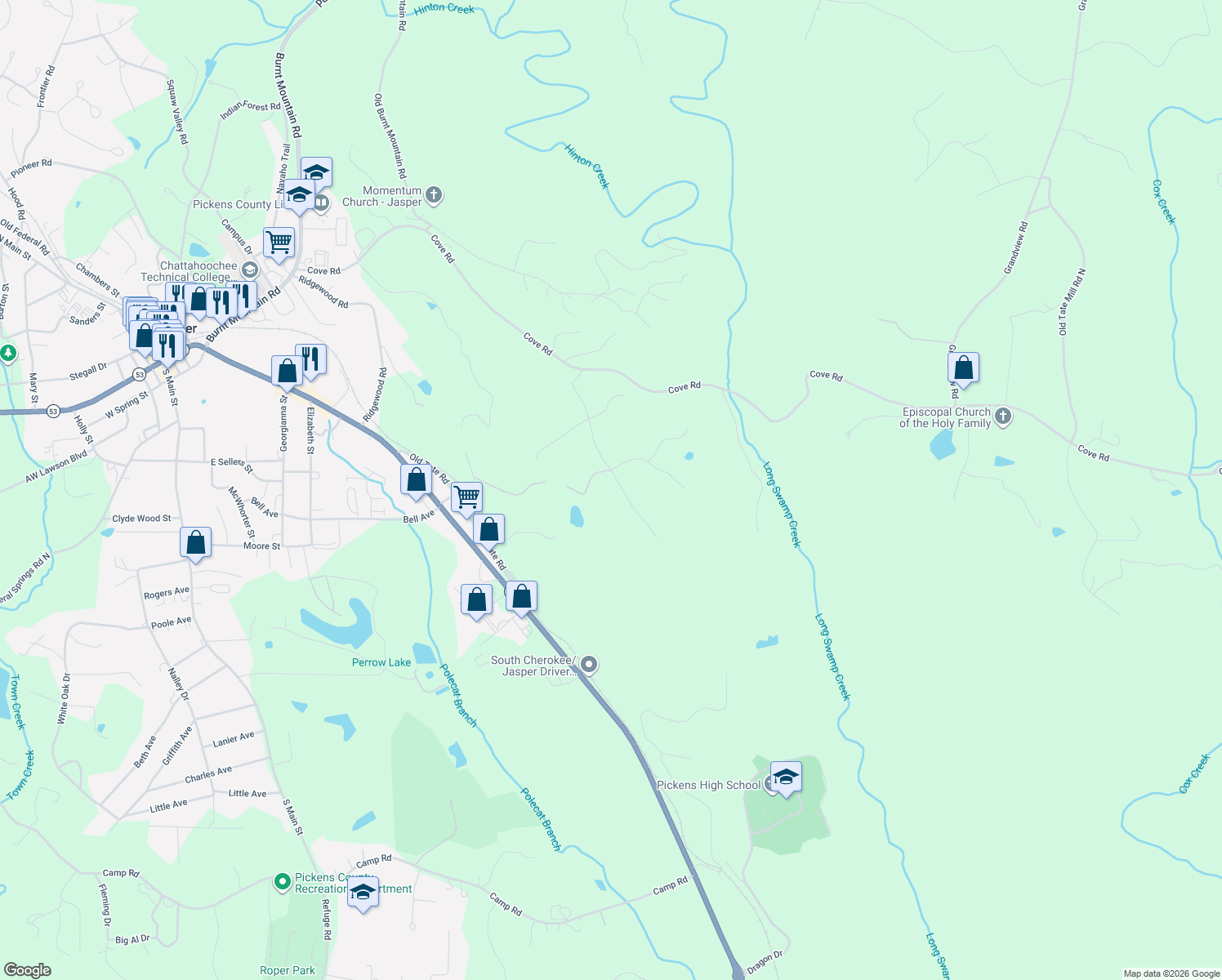 map of restaurants, bars, coffee shops, grocery stores, and more near 368 Still Hollow Road in Jasper