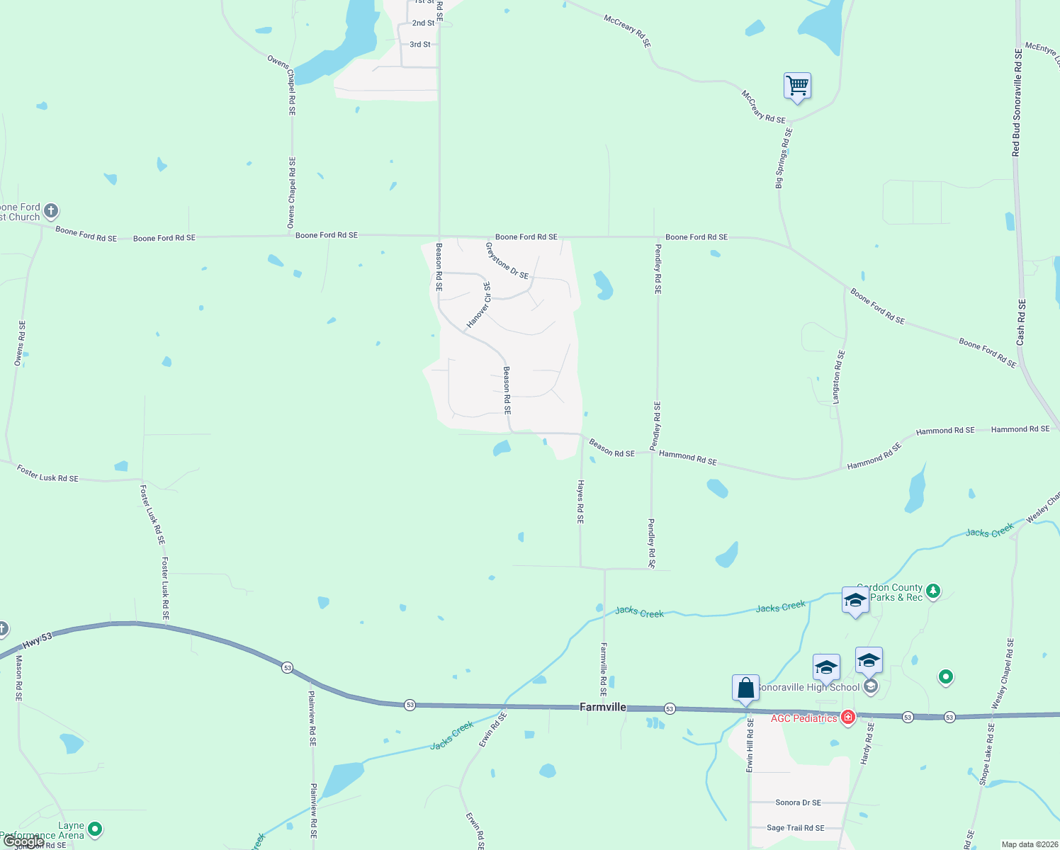 map of restaurants, bars, coffee shops, grocery stores, and more near 556 Beason Road Southeast in Calhoun