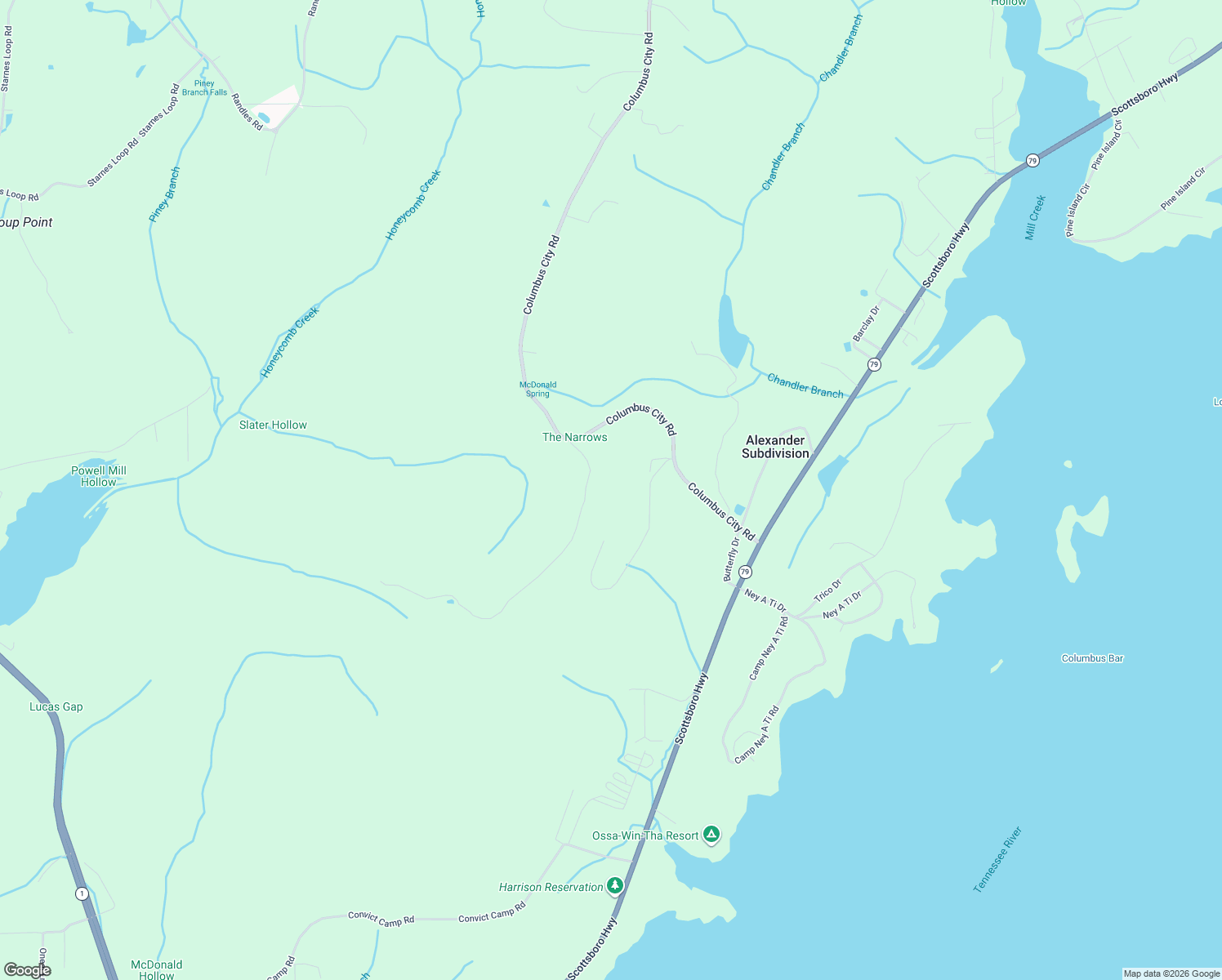 map of restaurants, bars, coffee shops, grocery stores, and more near 160 McCorkle Mountain Road in Scottsboro