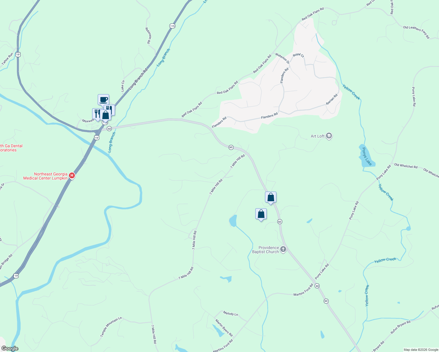 map of restaurants, bars, coffee shops, grocery stores, and more near 93 S Wind Dr in Dahlonega