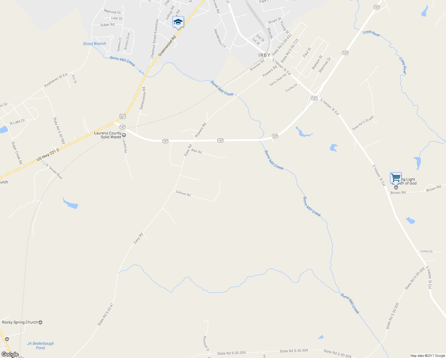 map of restaurants, bars, coffee shops, grocery stores, and more near 588 Sullivan Road in Laurens