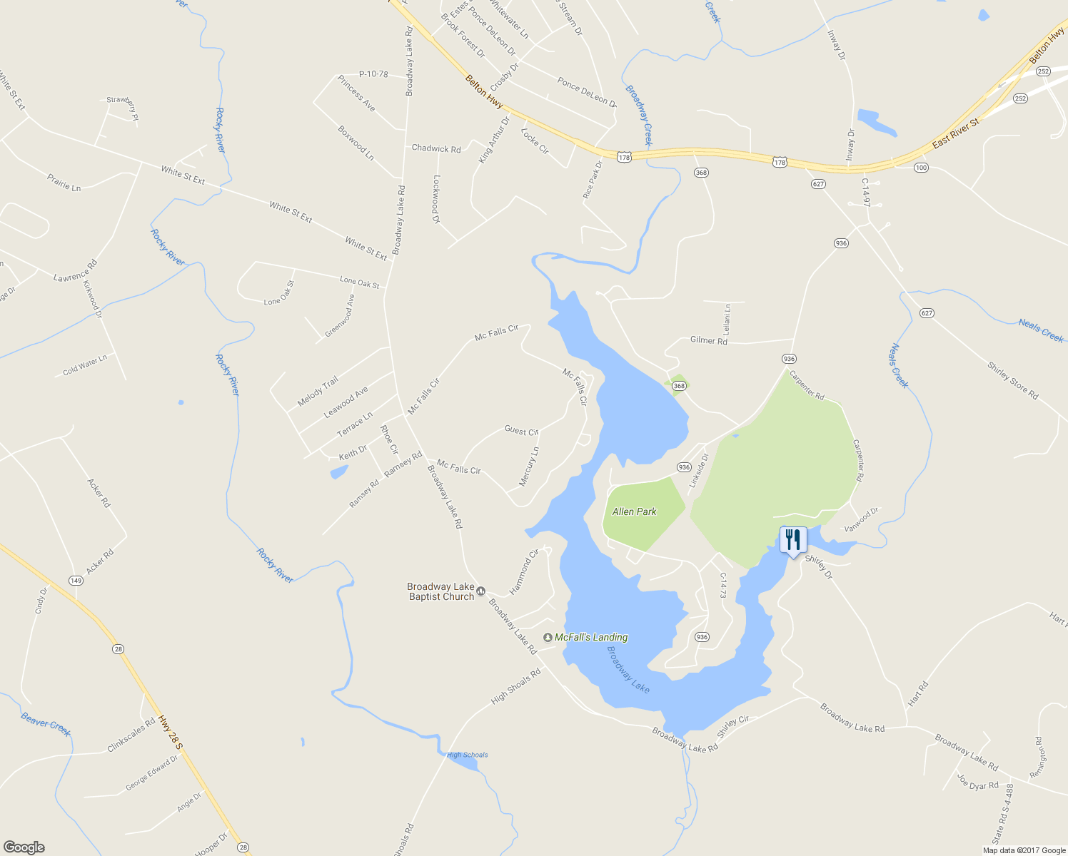 map of restaurants, bars, coffee shops, grocery stores, and more near 127 Guest Circle in Anderson