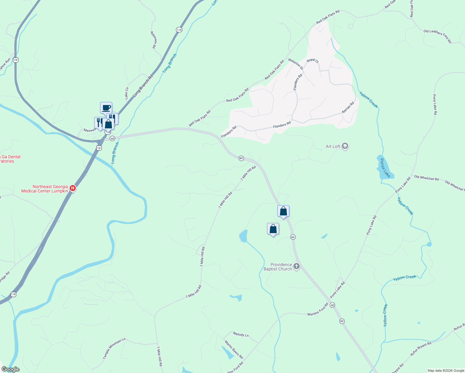 map of restaurants, bars, coffee shops, grocery stores, and more near 31 South Wind Drive in Dahlonega