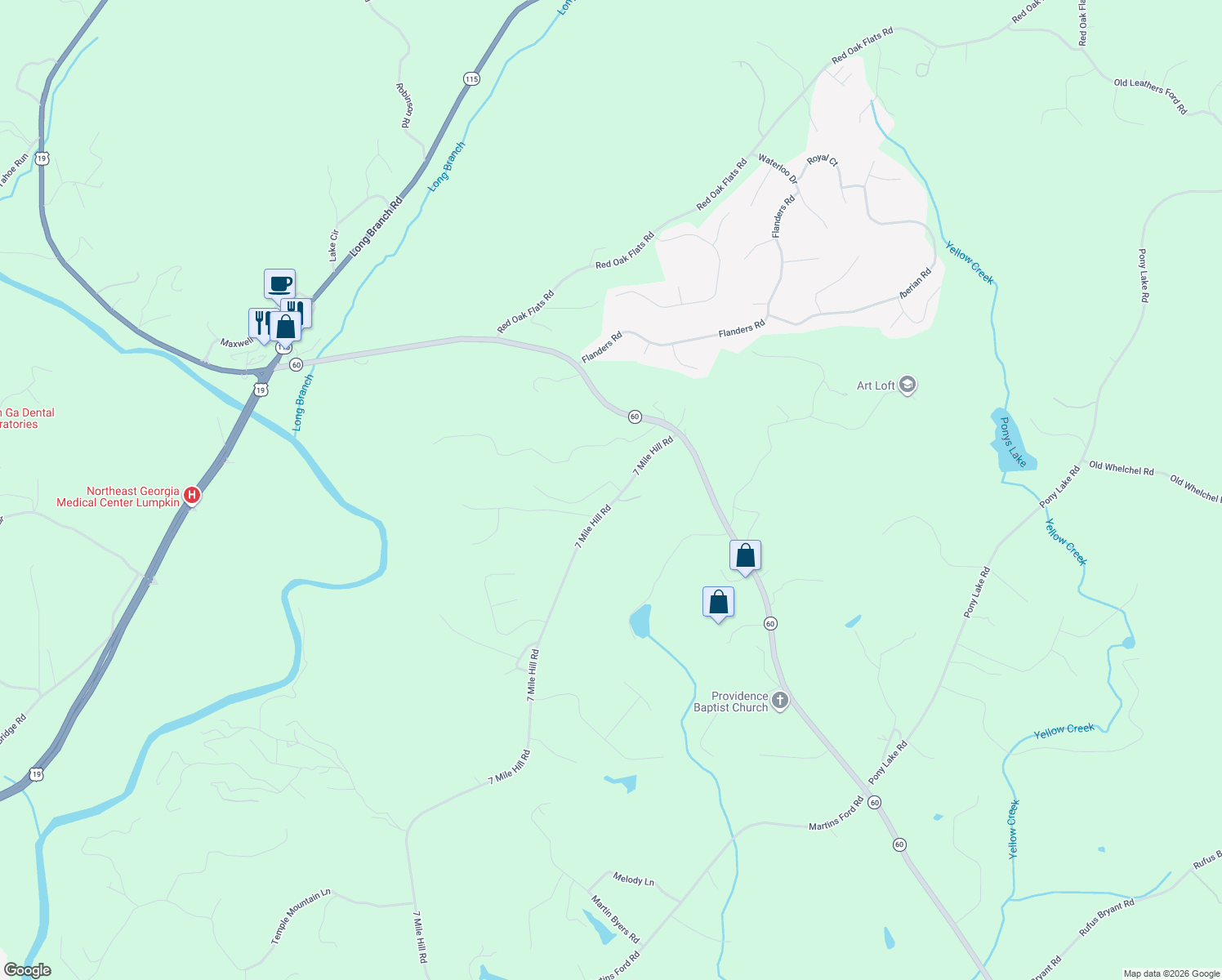 map of restaurants, bars, coffee shops, grocery stores, and more near 31 S Wind Dr in Dahlonega