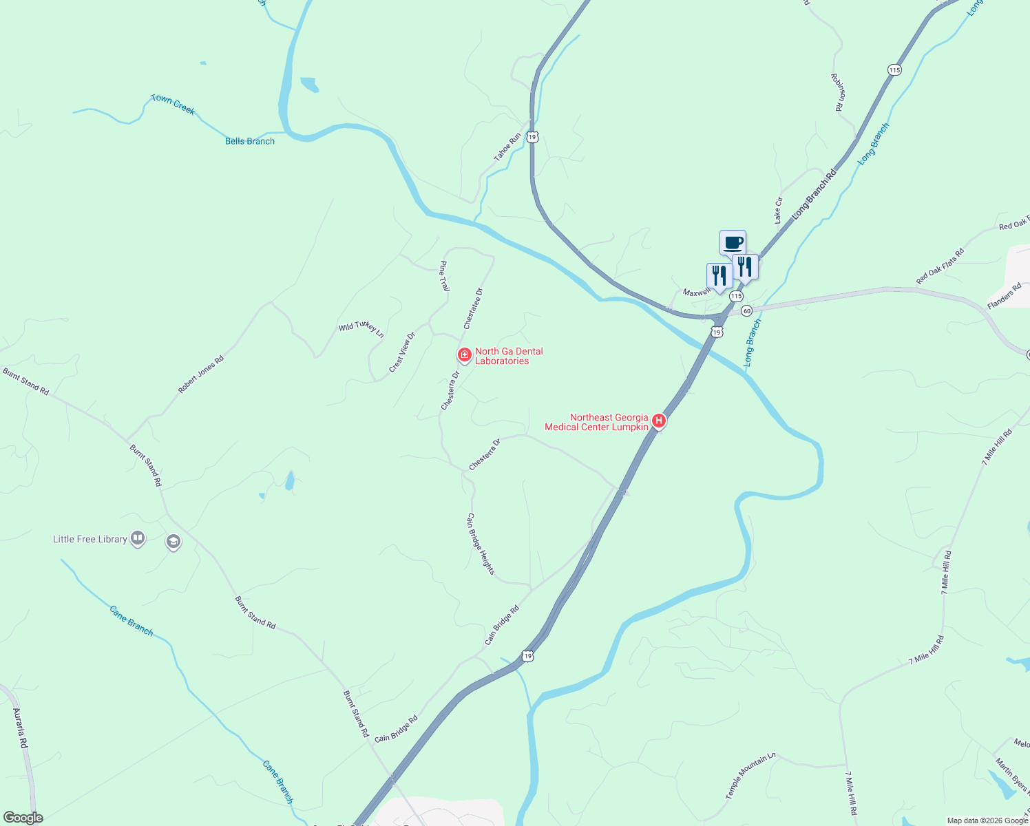 map of restaurants, bars, coffee shops, grocery stores, and more near 101 Heather Lane in Dahlonega