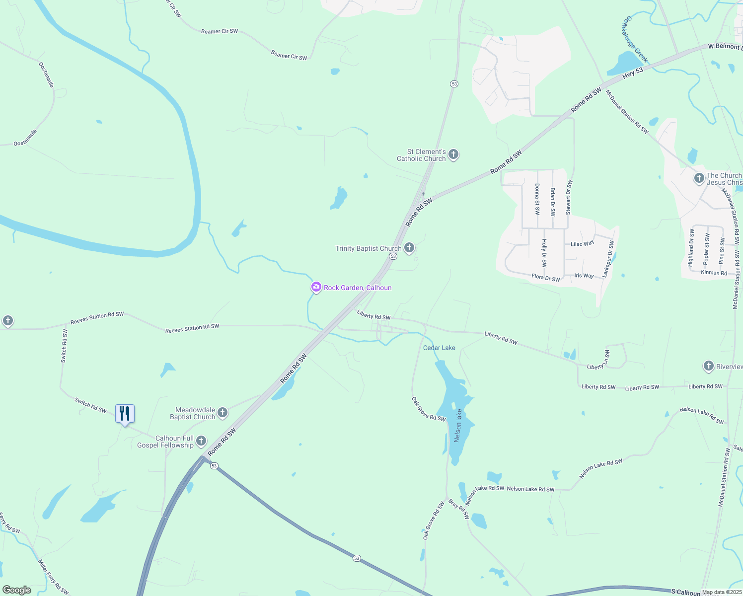 map of restaurants, bars, coffee shops, grocery stores, and more near 148 Old Rome Road Southwest in Calhoun