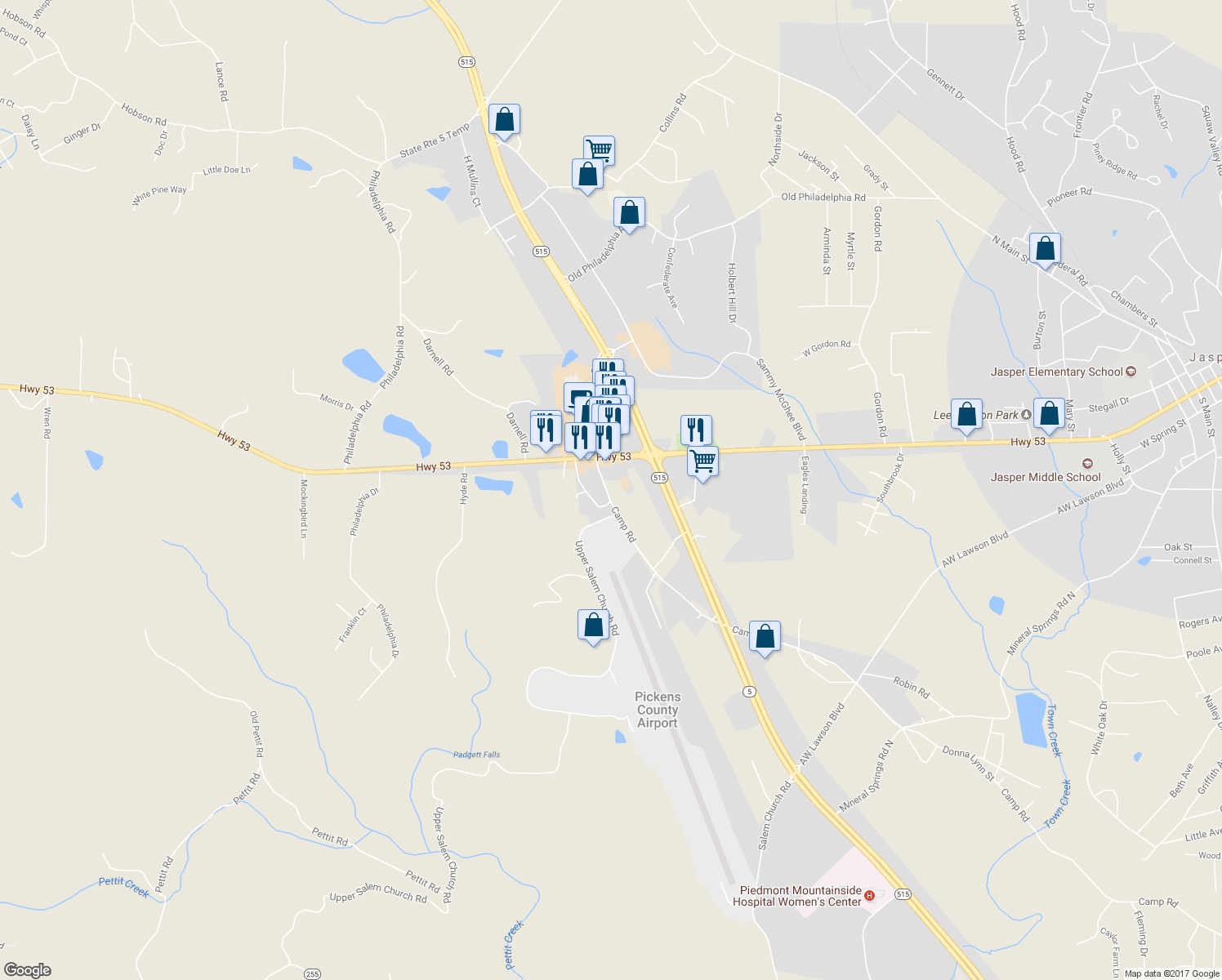 map of restaurants, bars, coffee shops, grocery stores, and more near 4030 Camp Road in Jasper