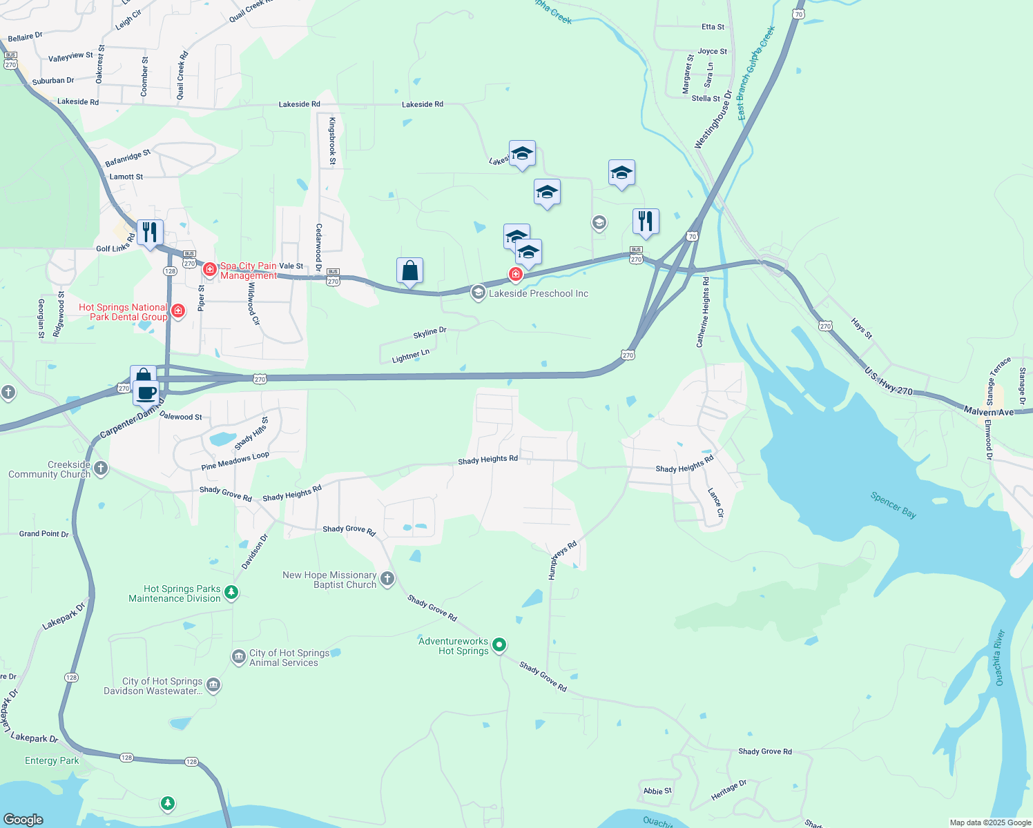 map of restaurants, bars, coffee shops, grocery stores, and more near 160 Clubhouse Circle in Hot Springs