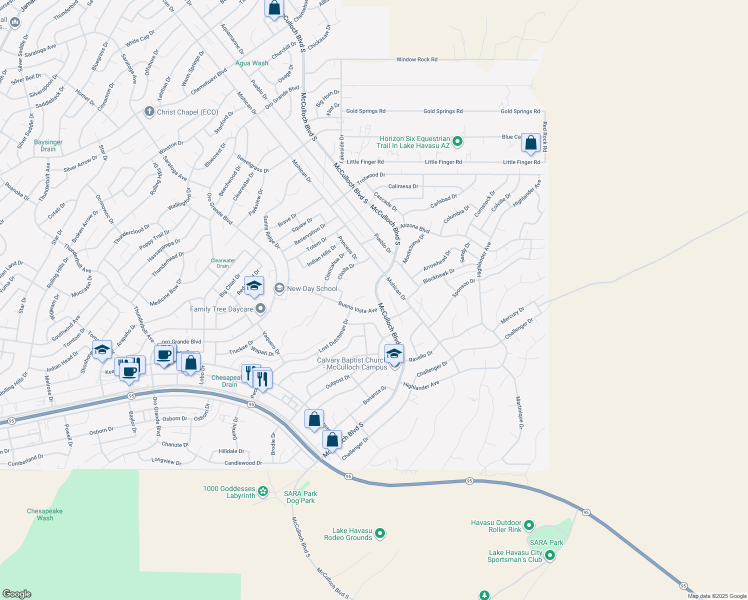 map of restaurants, bars, coffee shops, grocery stores, and more near 1455 McCulloch Blvd S in Lake Havasu City
