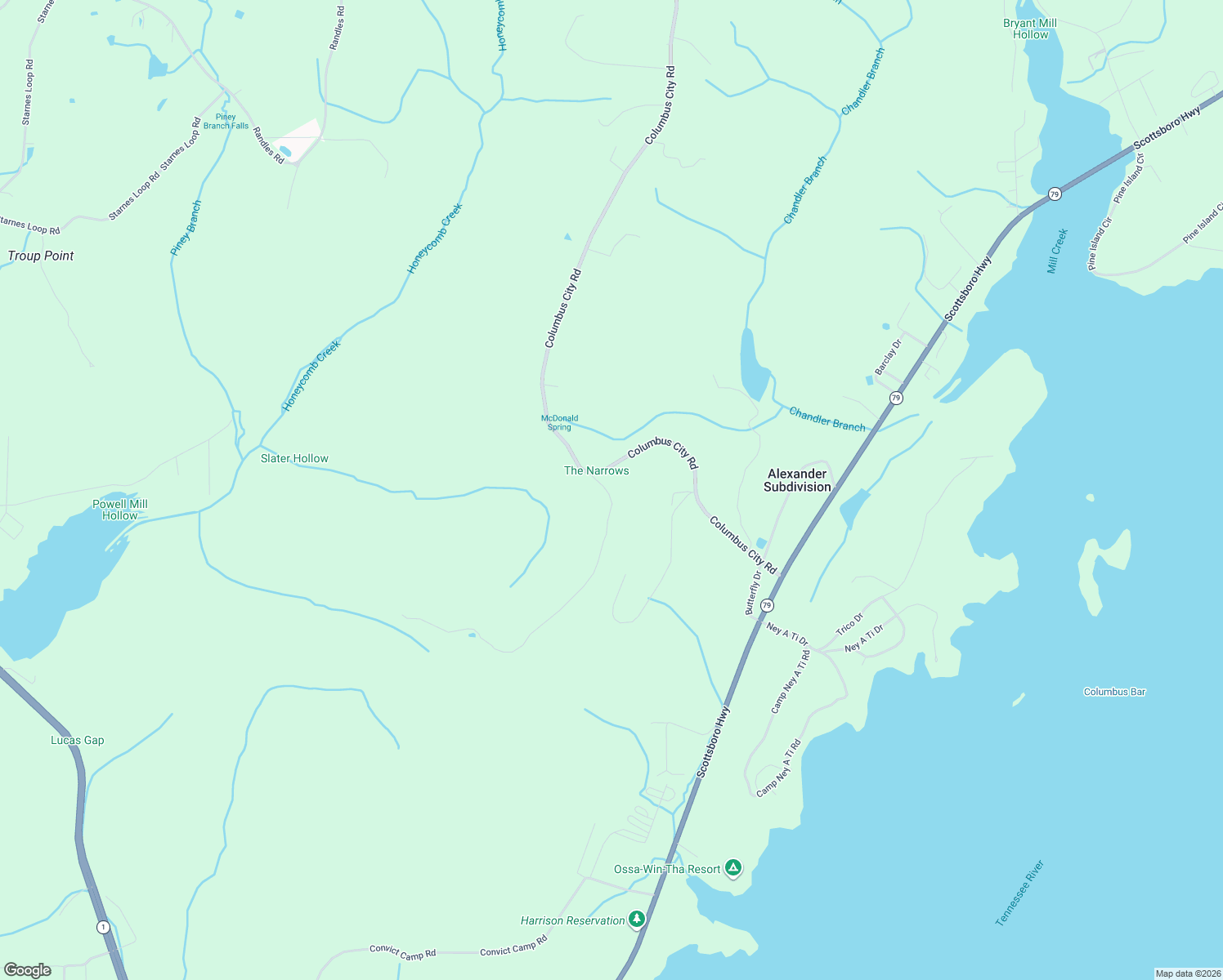 map of restaurants, bars, coffee shops, grocery stores, and more near 160 McCorkle Mountain Road in Scottsboro