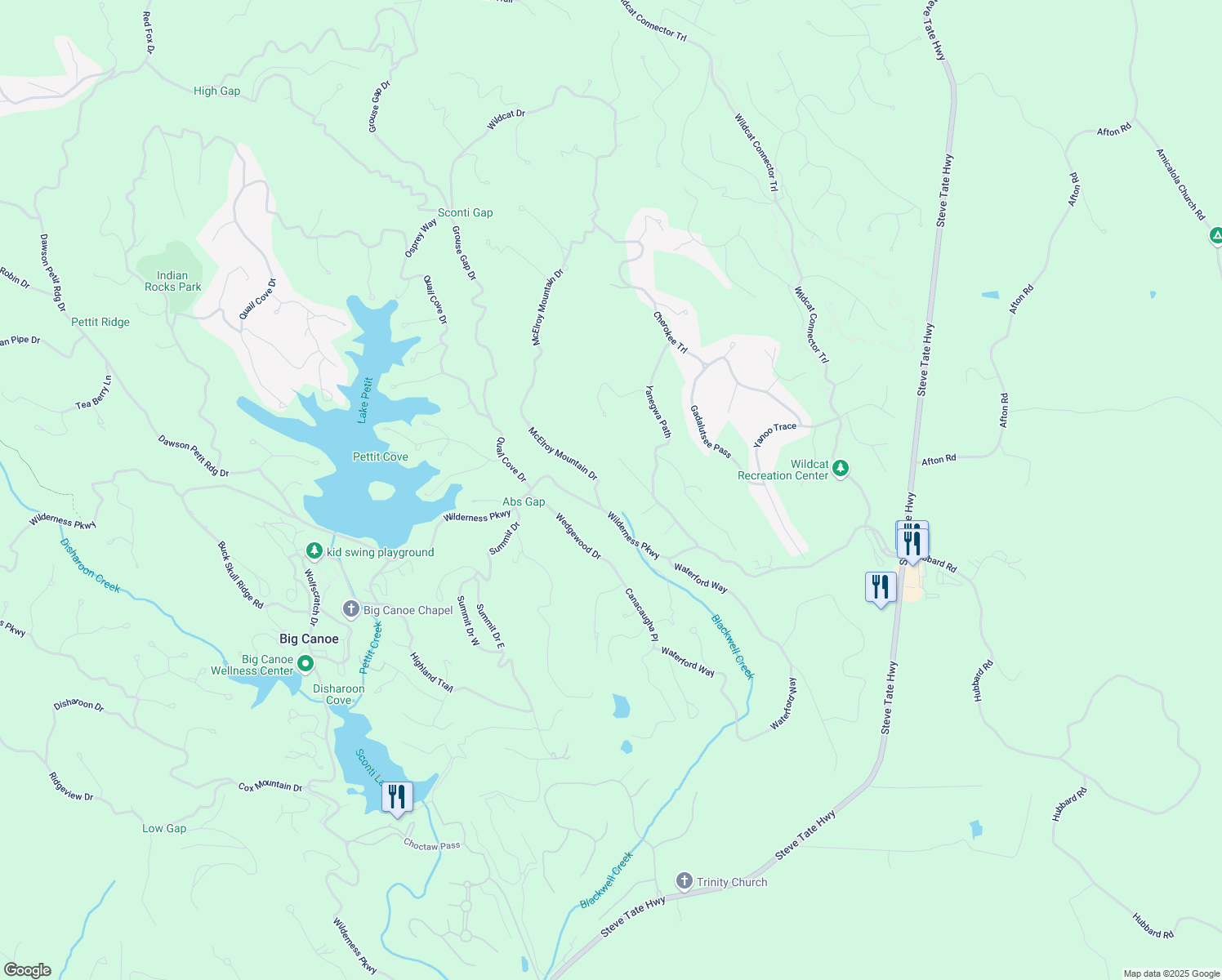 map of restaurants, bars, coffee shops, grocery stores, and more near 80 McElroy Mountain Drive in Jasper