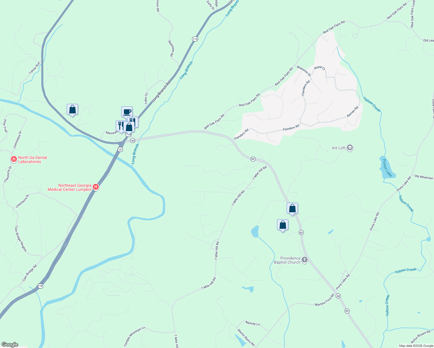 map of restaurants, bars, coffee shops, grocery stores, and more near 348 Brandy Mountain Road in Dahlonega