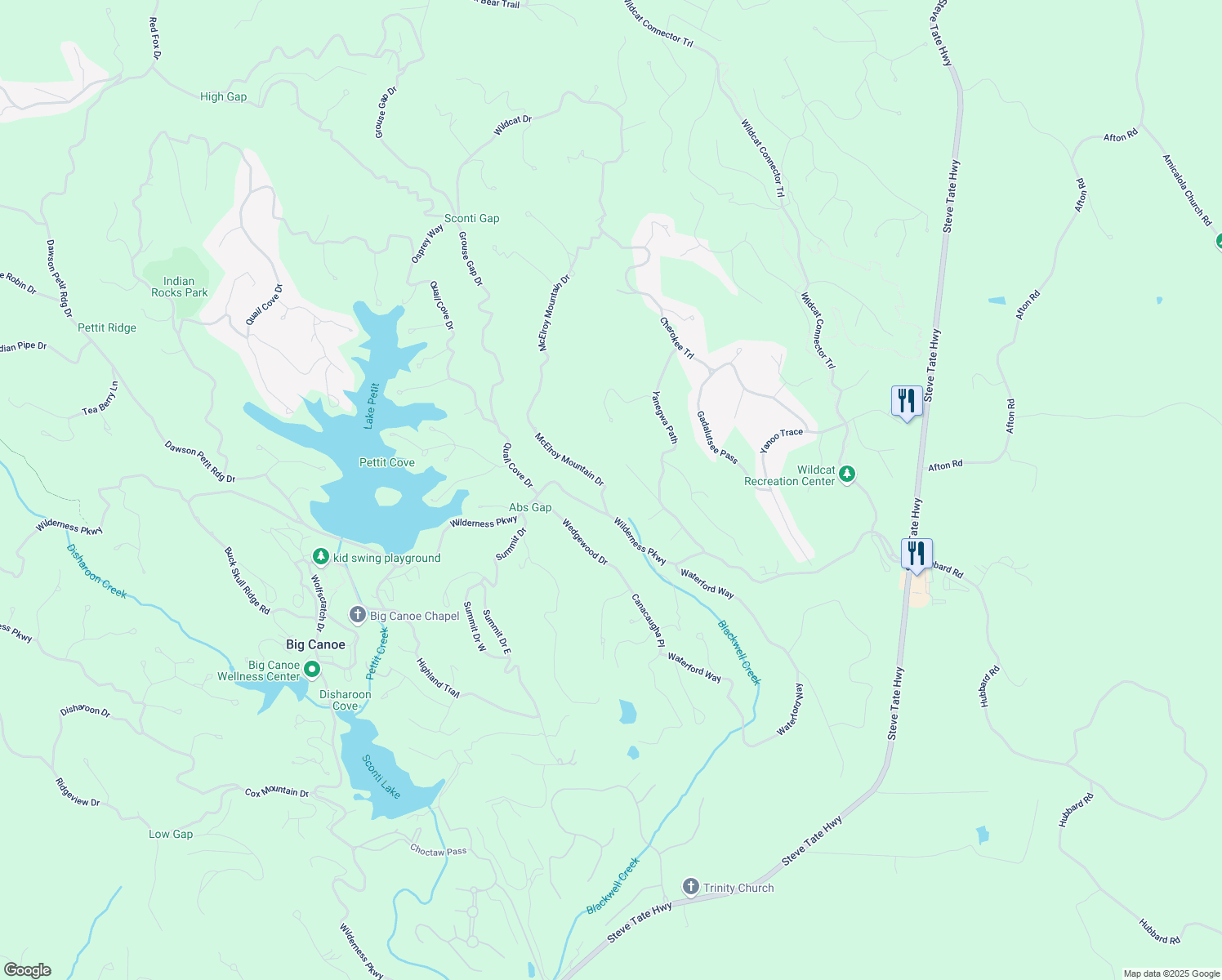map of restaurants, bars, coffee shops, grocery stores, and more near 80 McElroy Mountain Drive in Jasper