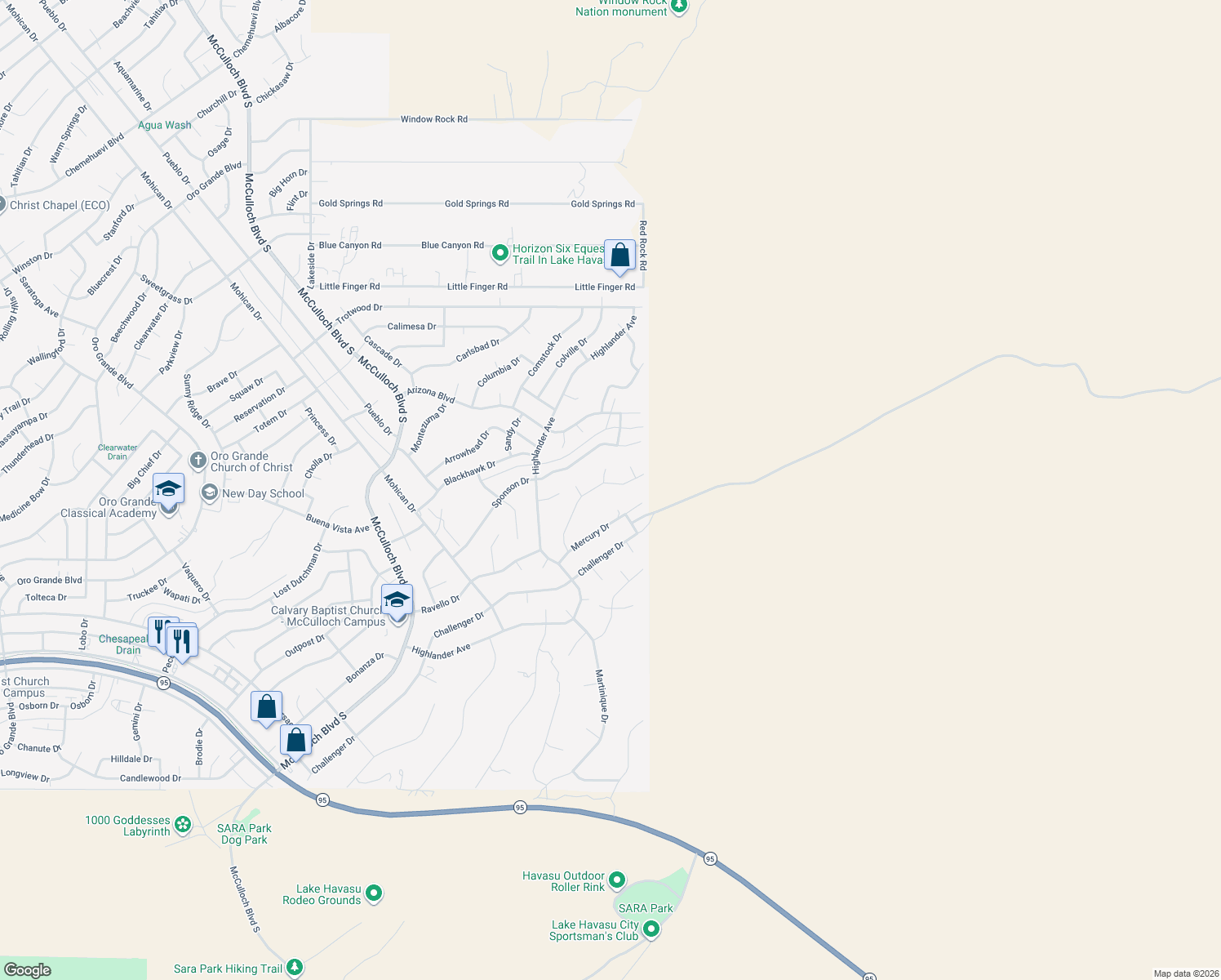 map of restaurants, bars, coffee shops, grocery stores, and more near 4225 Peruvian Drive in Lake Havasu City