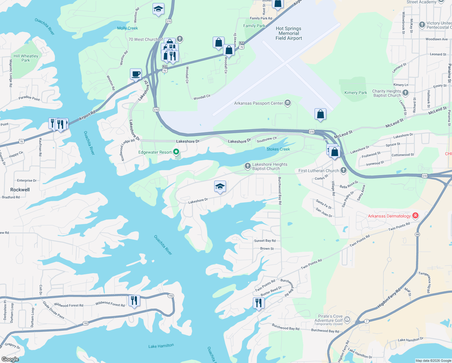 map of restaurants, bars, coffee shops, grocery stores, and more near 1328 Lakeshore Drive in Hot Springs