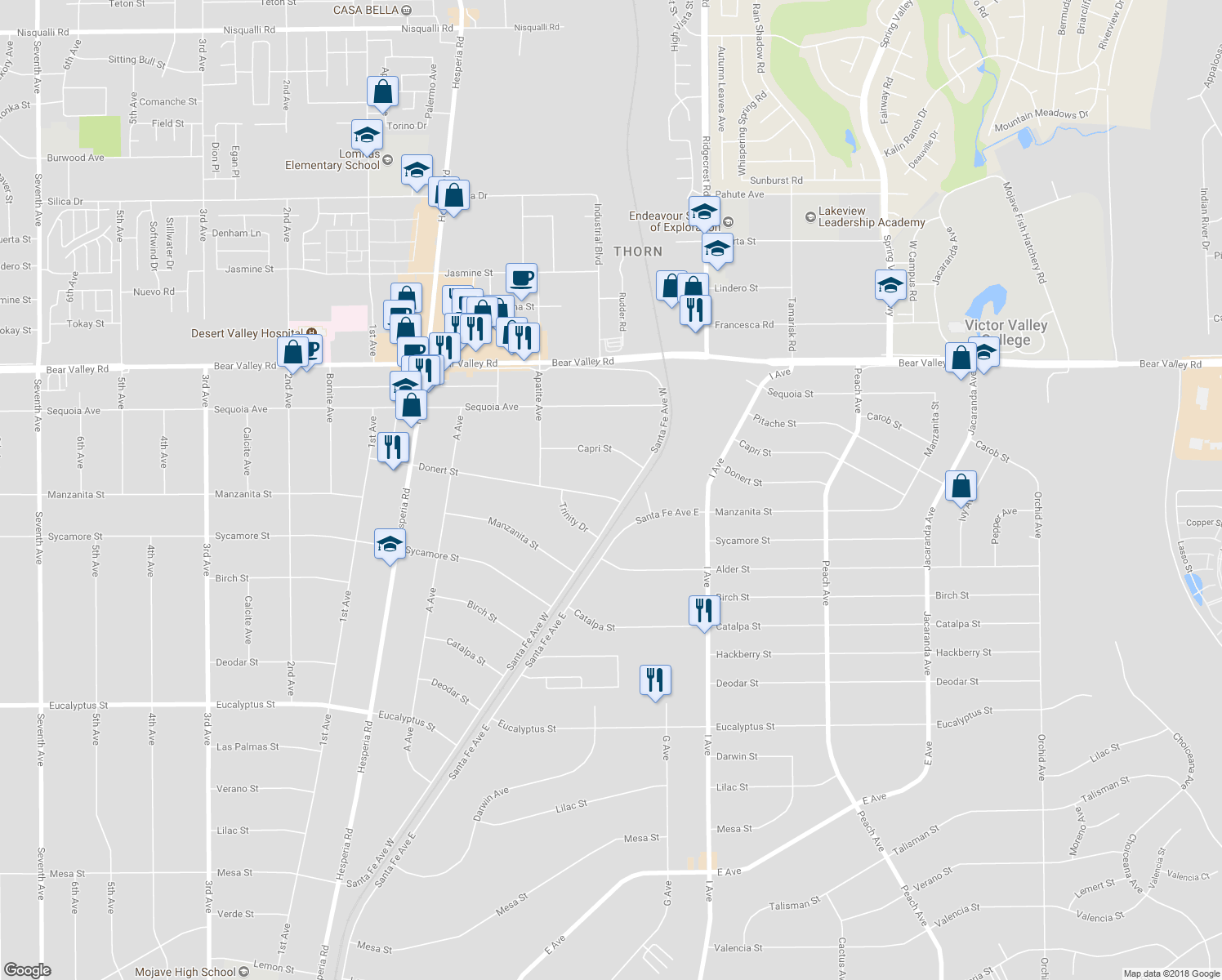 map of restaurants, bars, coffee shops, grocery stores, and more near 17460 Donert Street in Hesperia