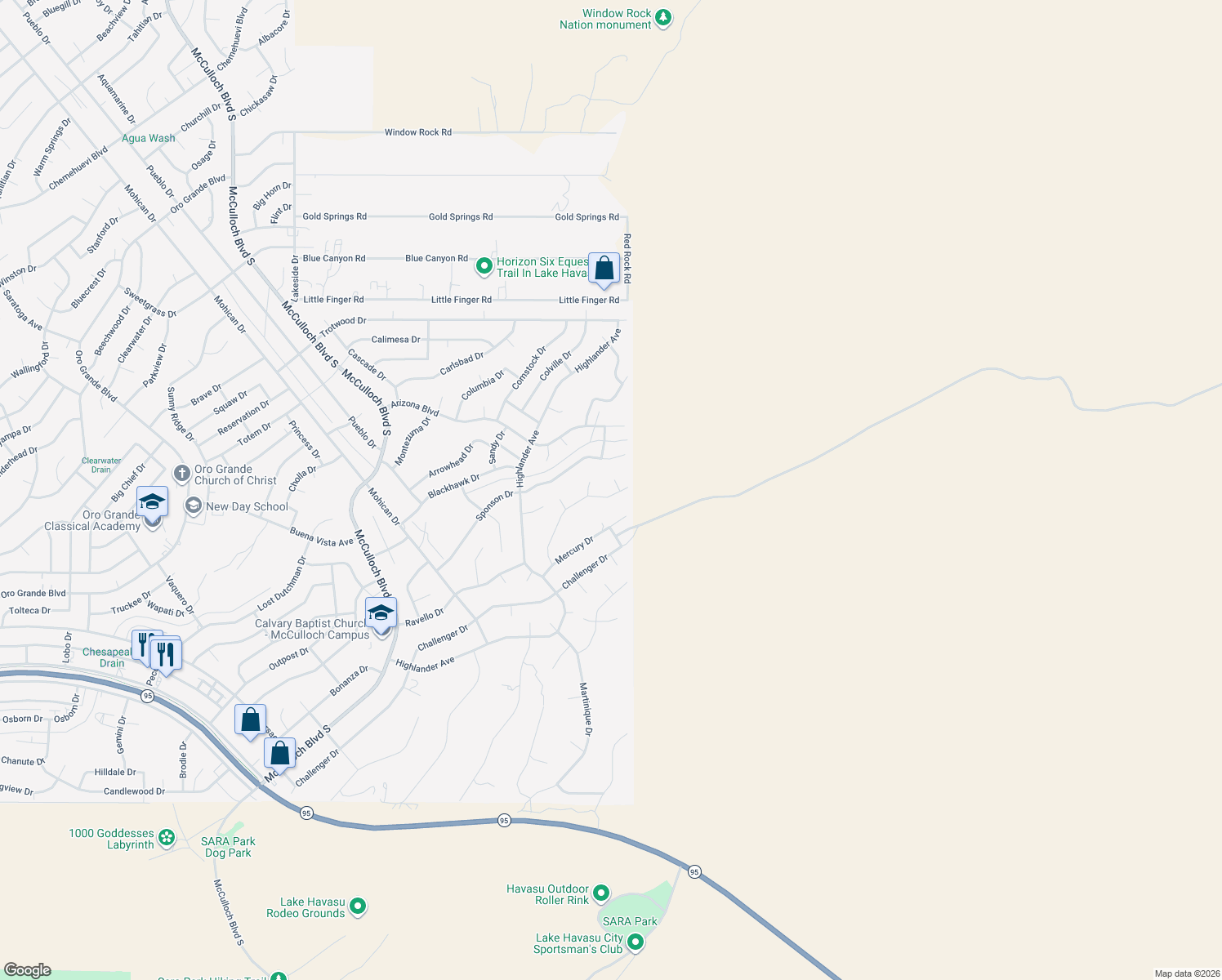 map of restaurants, bars, coffee shops, grocery stores, and more near 4225 Peruvian Dr in Lake Havasu City