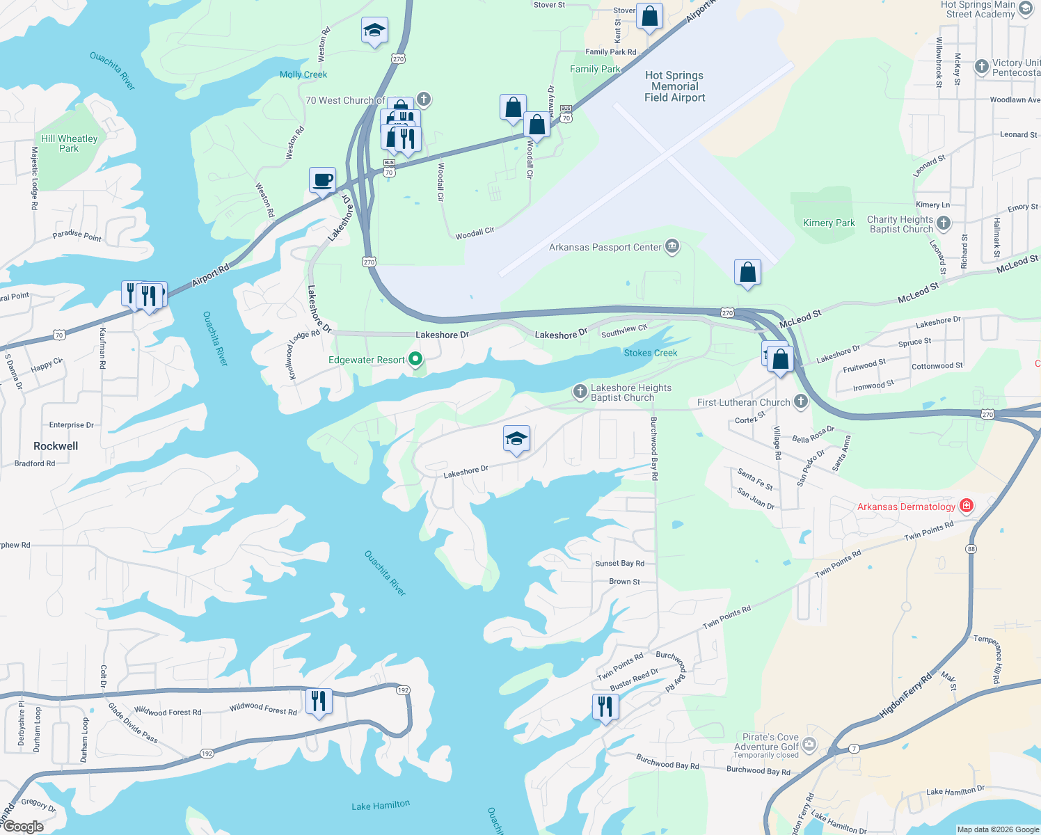 map of restaurants, bars, coffee shops, grocery stores, and more near 1328 Lakeshore Drive in Hot Springs