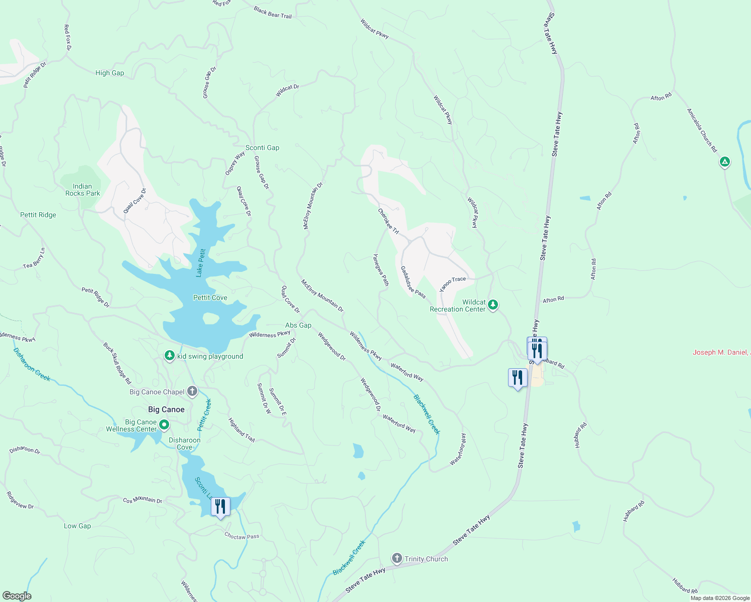 map of restaurants, bars, coffee shops, grocery stores, and more near 382 Yanegwa Path in Jasper