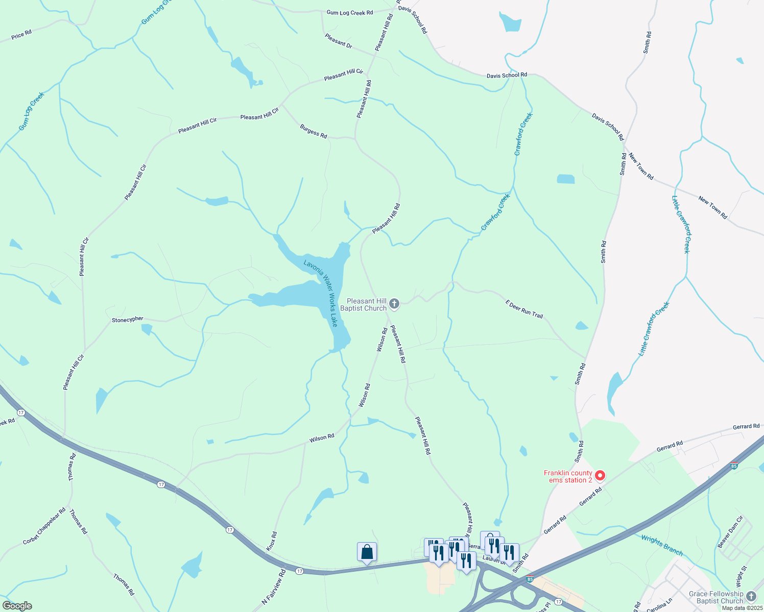 map of restaurants, bars, coffee shops, grocery stores, and more near Pleasant Hill Road in Martin