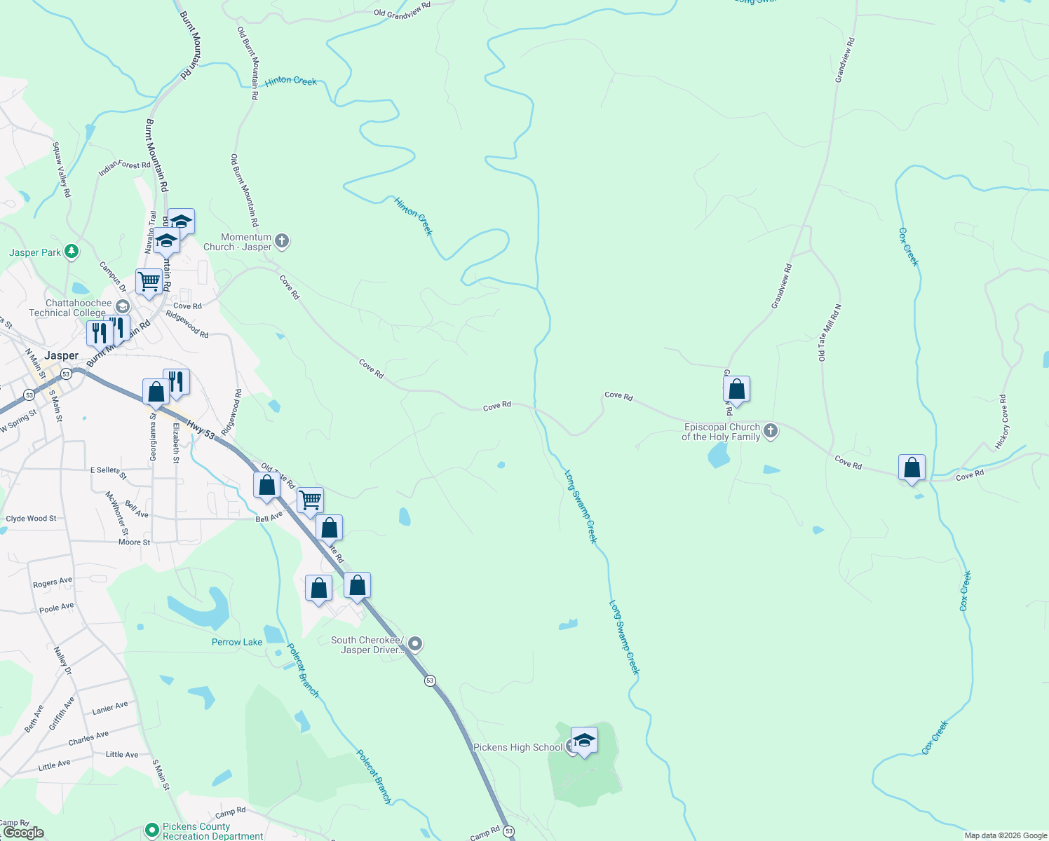 map of restaurants, bars, coffee shops, grocery stores, and more near in Jasper
