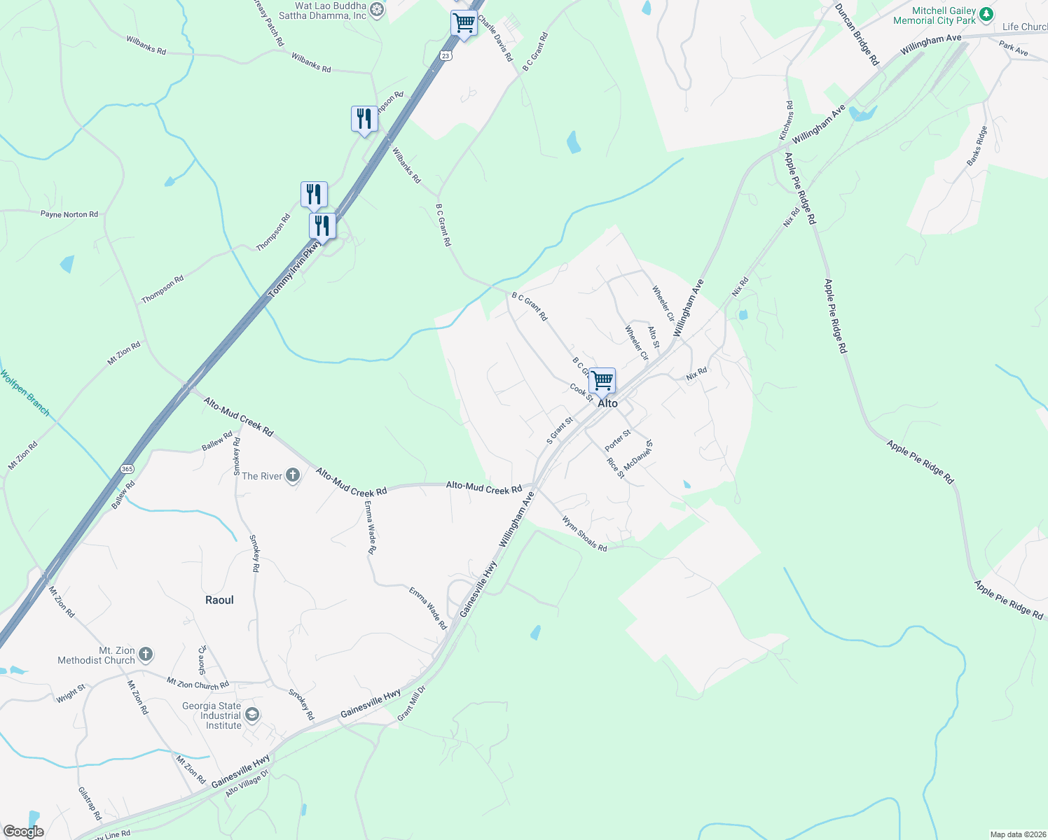 map of restaurants, bars, coffee shops, grocery stores, and more near 126 Pine Knoll in Alto