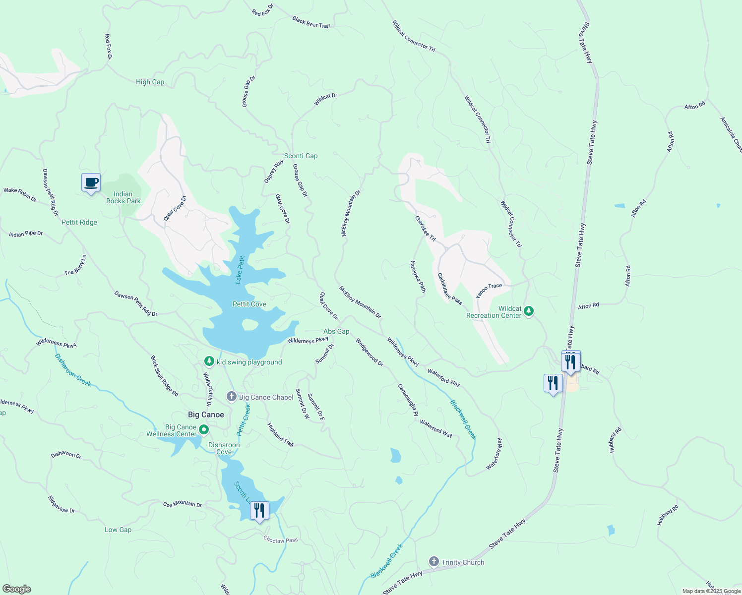 map of restaurants, bars, coffee shops, grocery stores, and more near 196 McElroy Mountain Drive in Jasper