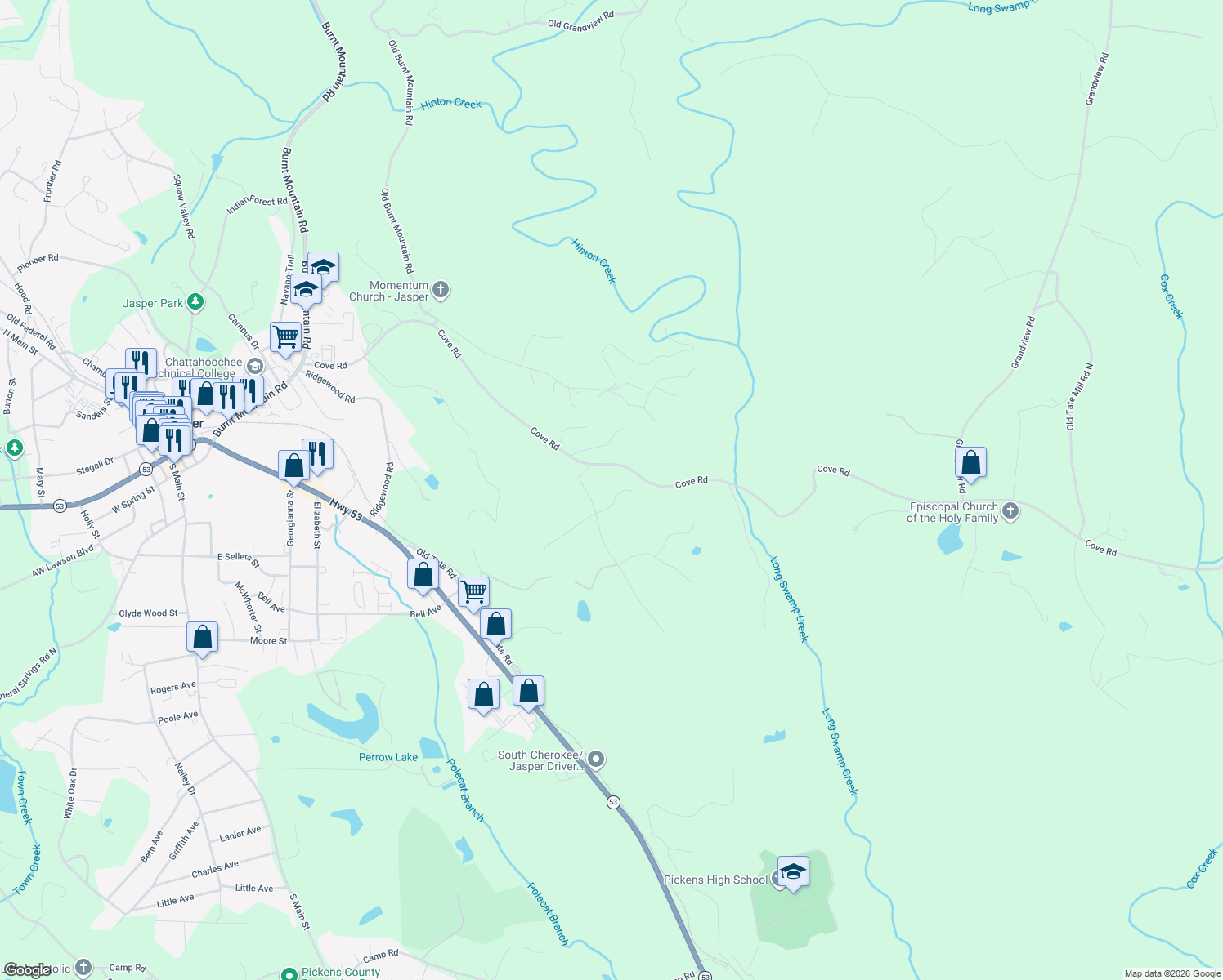 map of restaurants, bars, coffee shops, grocery stores, and more near 55 East Laurel Trce in Jasper