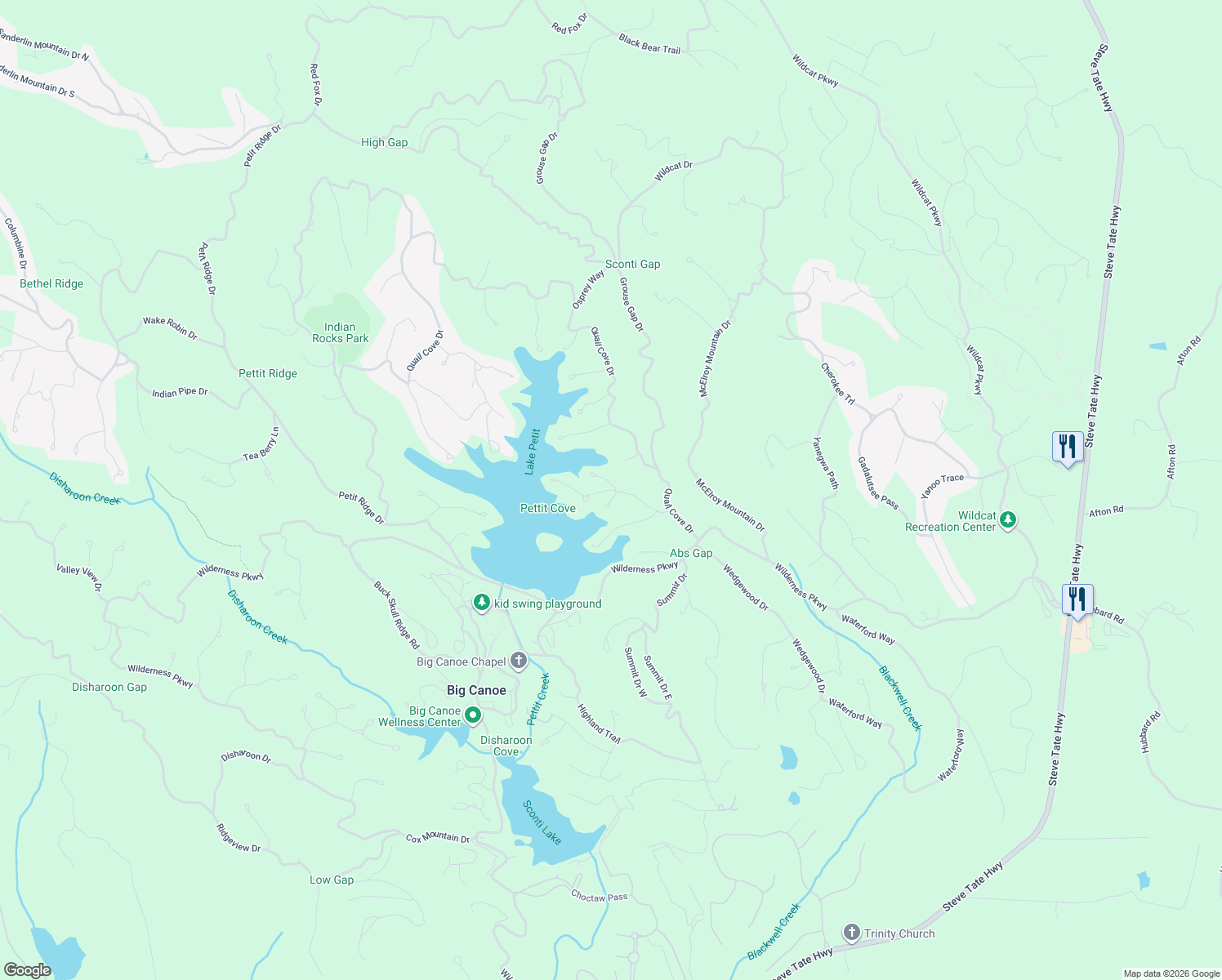 map of restaurants, bars, coffee shops, grocery stores, and more near Indigo Bunting Trail in Pickens County
