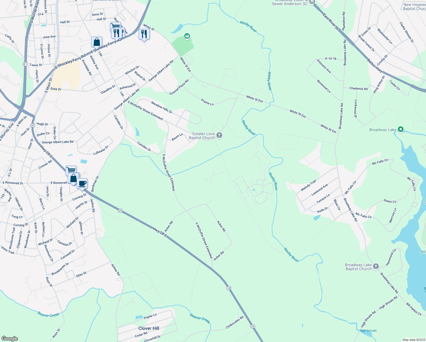 map of restaurants, bars, coffee shops, grocery stores, and more near 112 Cold Water Lane in Anderson