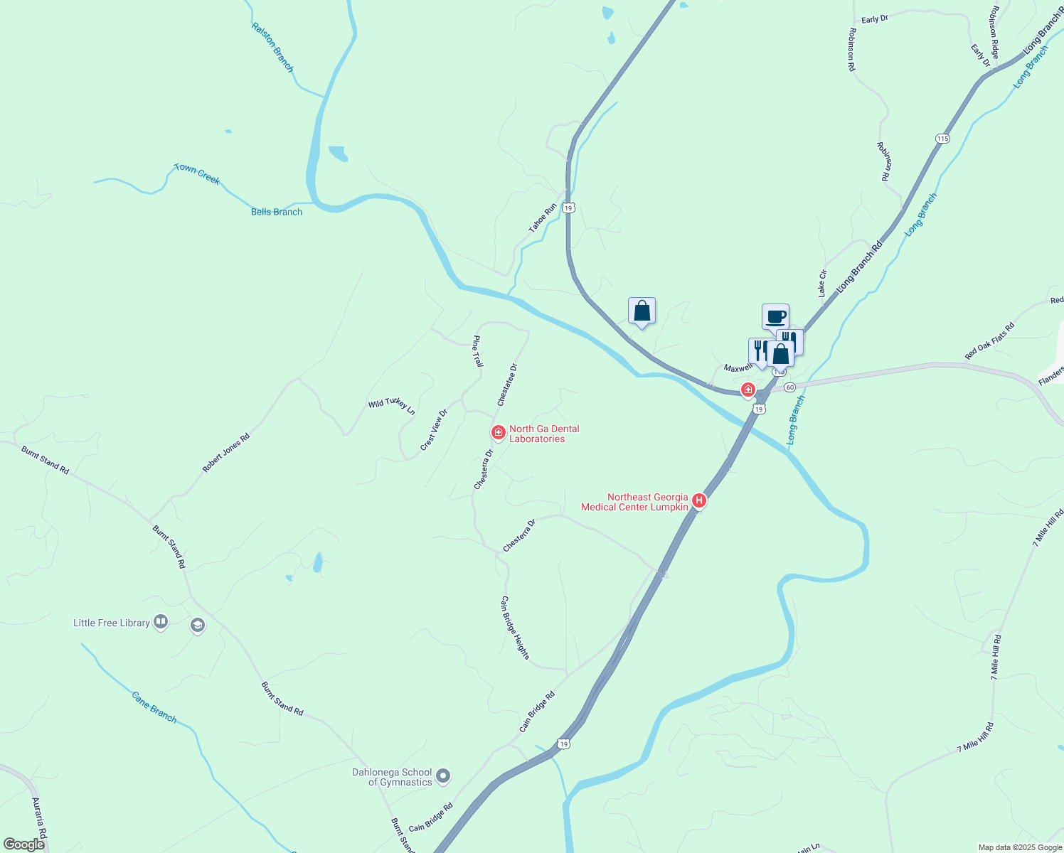 map of restaurants, bars, coffee shops, grocery stores, and more near Panorama Drive in Lumpkin County