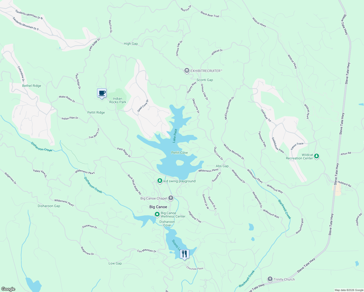 map of restaurants, bars, coffee shops, grocery stores, and more near Indigo Bunting Trail in Pickens County