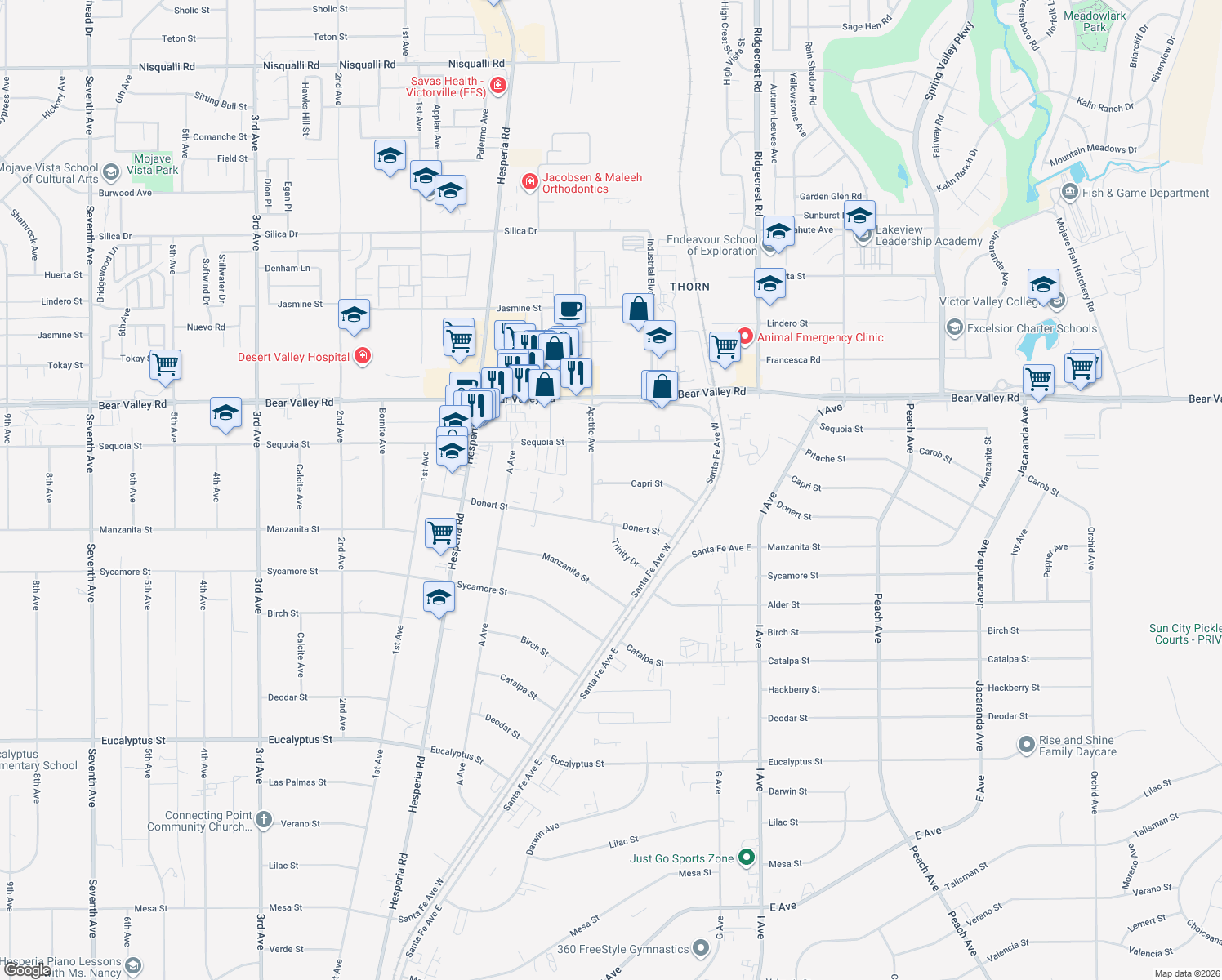 map of restaurants, bars, coffee shops, grocery stores, and more near 17339 Capri Street in Hesperia
