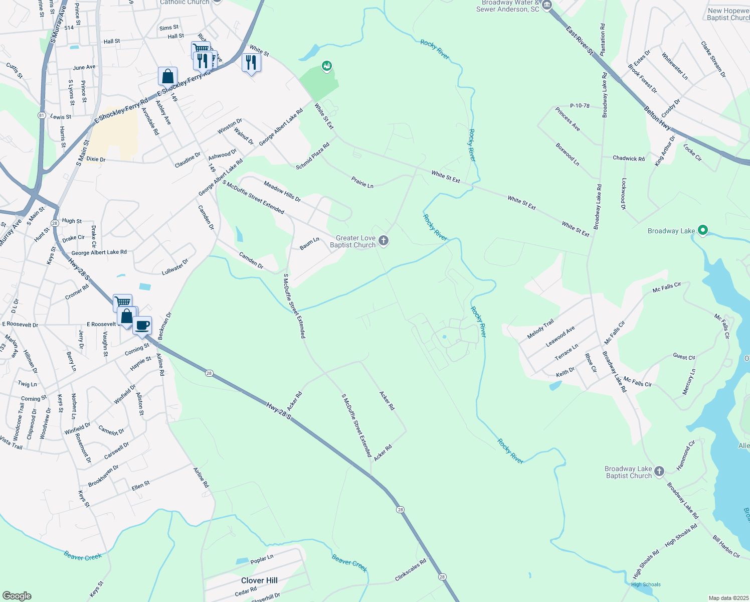 map of restaurants, bars, coffee shops, grocery stores, and more near 112 Cold Water Lane in Anderson