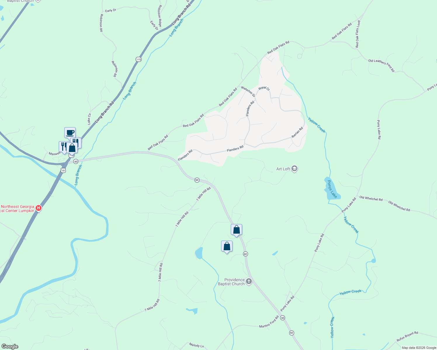 map of restaurants, bars, coffee shops, grocery stores, and more near 76 Cornell Drive in Dahlonega