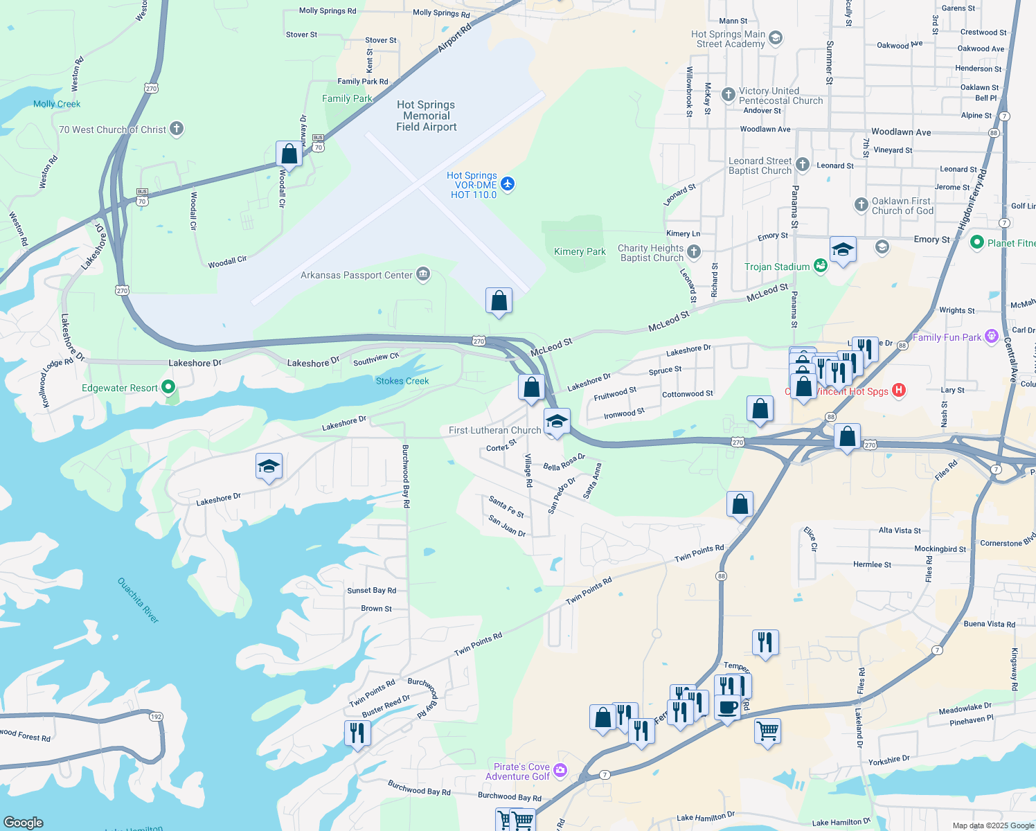 map of restaurants, bars, coffee shops, grocery stores, and more near 112 Bolivar Street in Hot Springs