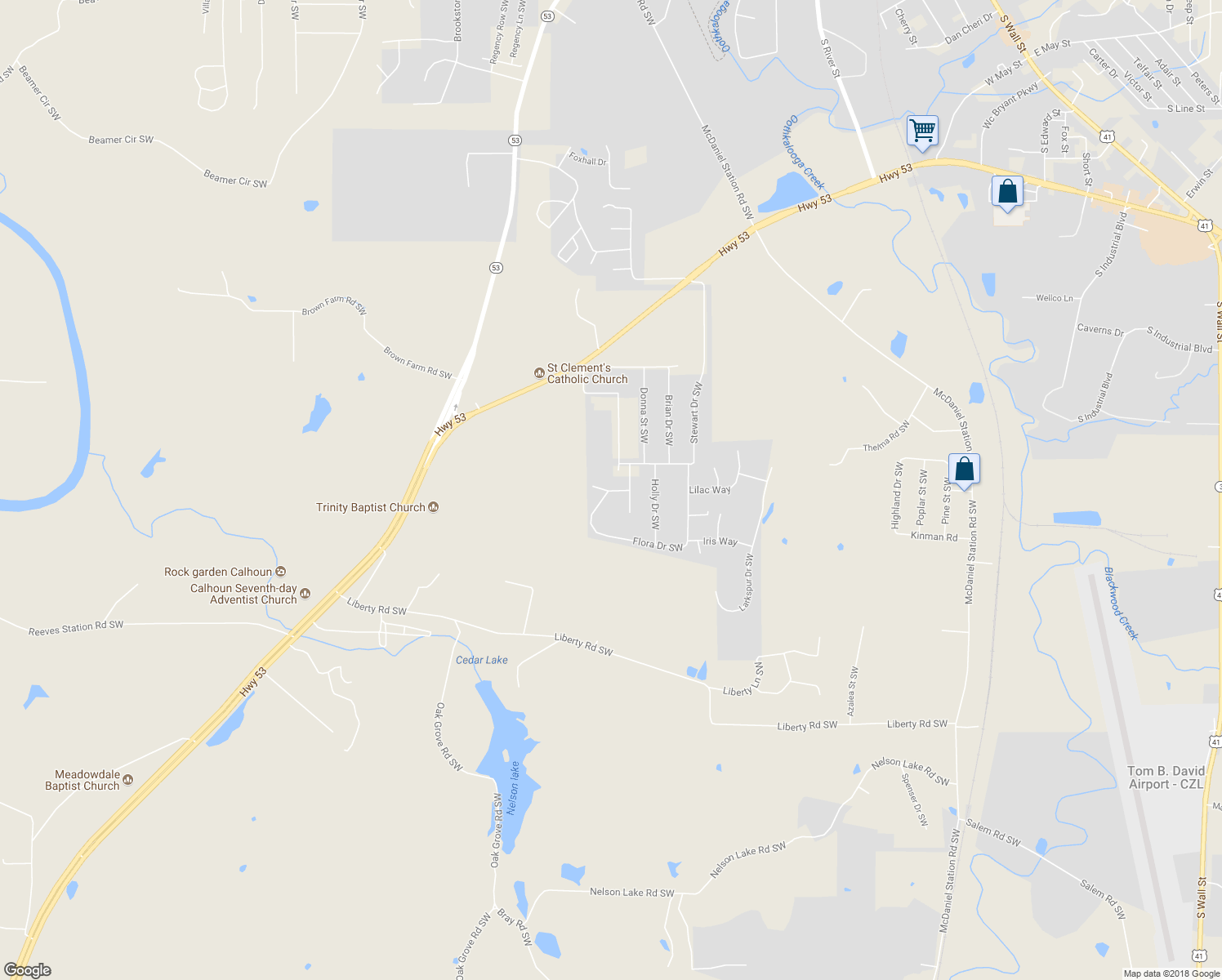 map of restaurants, bars, coffee shops, grocery stores, and more near Flora Drive Southwest in Calhoun