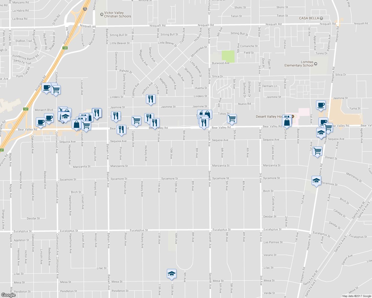 map of restaurants, bars, coffee shops, grocery stores, and more near 11941 9th Avenue in Hesperia