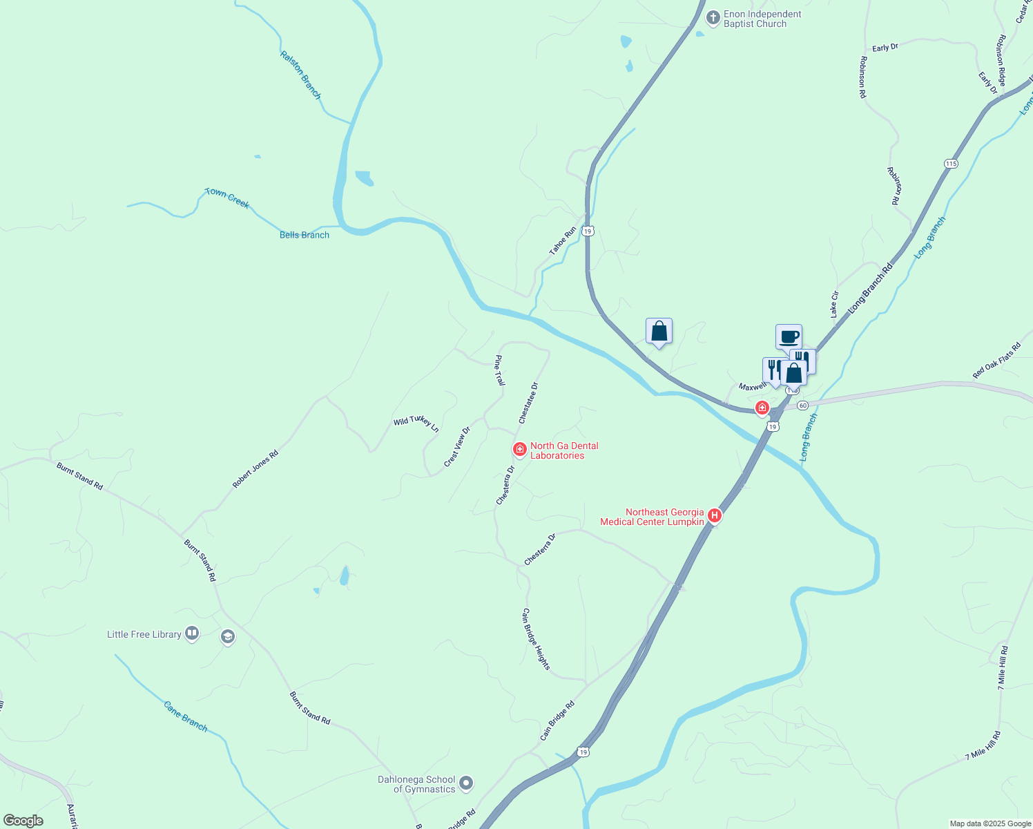 map of restaurants, bars, coffee shops, grocery stores, and more near 91 Chestatee Drive in Dahlonega