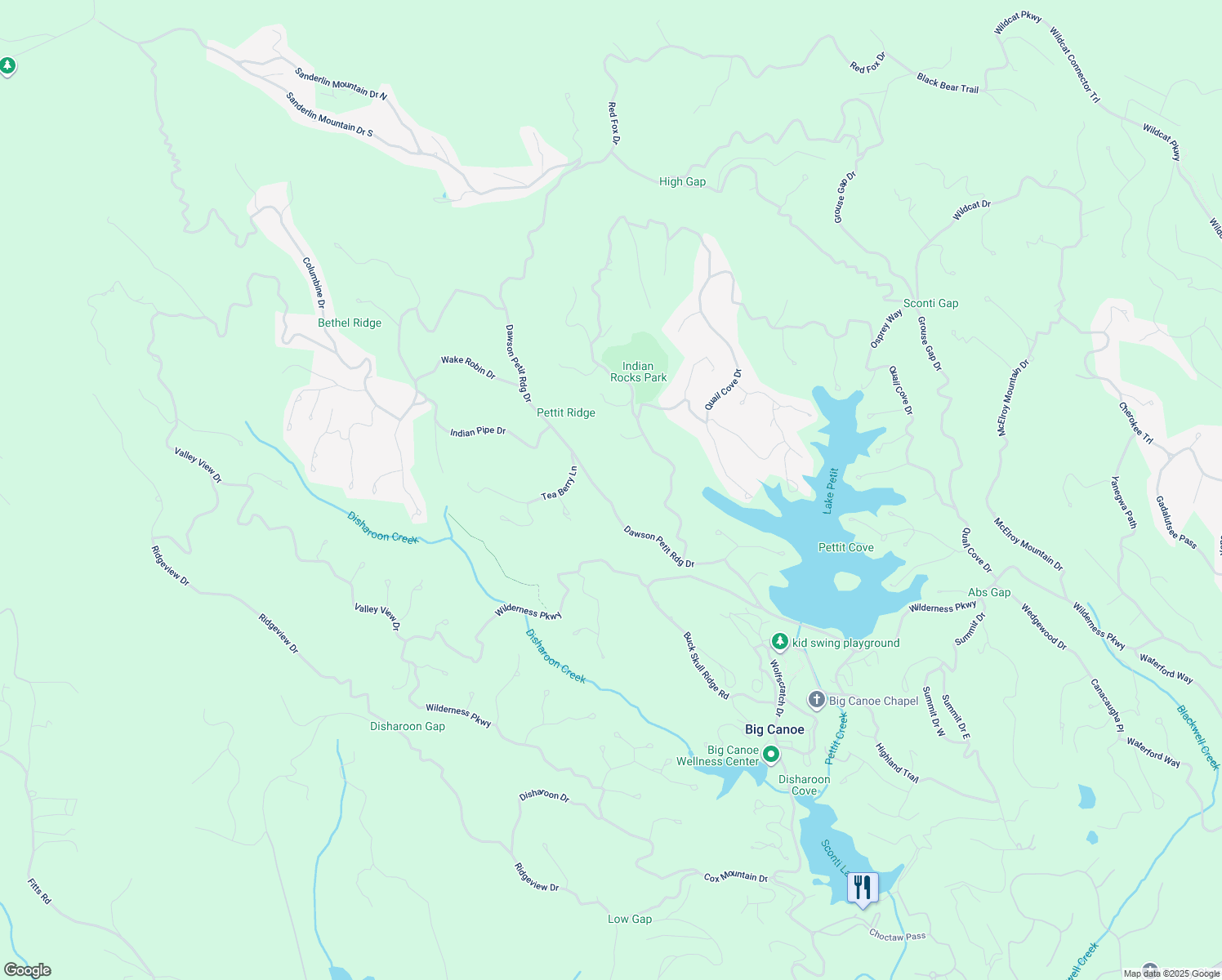 map of restaurants, bars, coffee shops, grocery stores, and more near 626 Dawson Petit Ridge Drive in Big Canoe