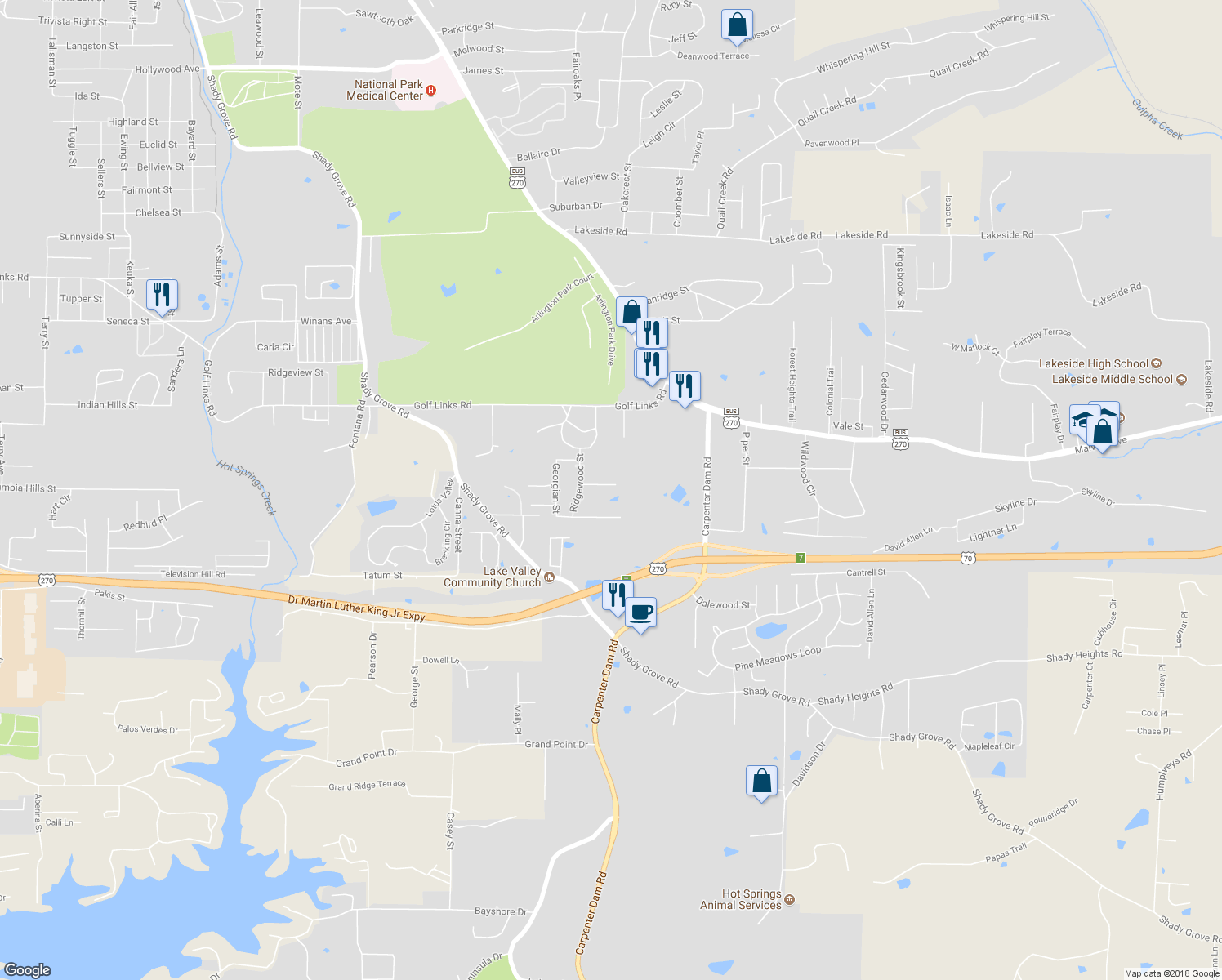 map of restaurants, bars, coffee shops, grocery stores, and more near 110 Glenridge Court in Hot Springs