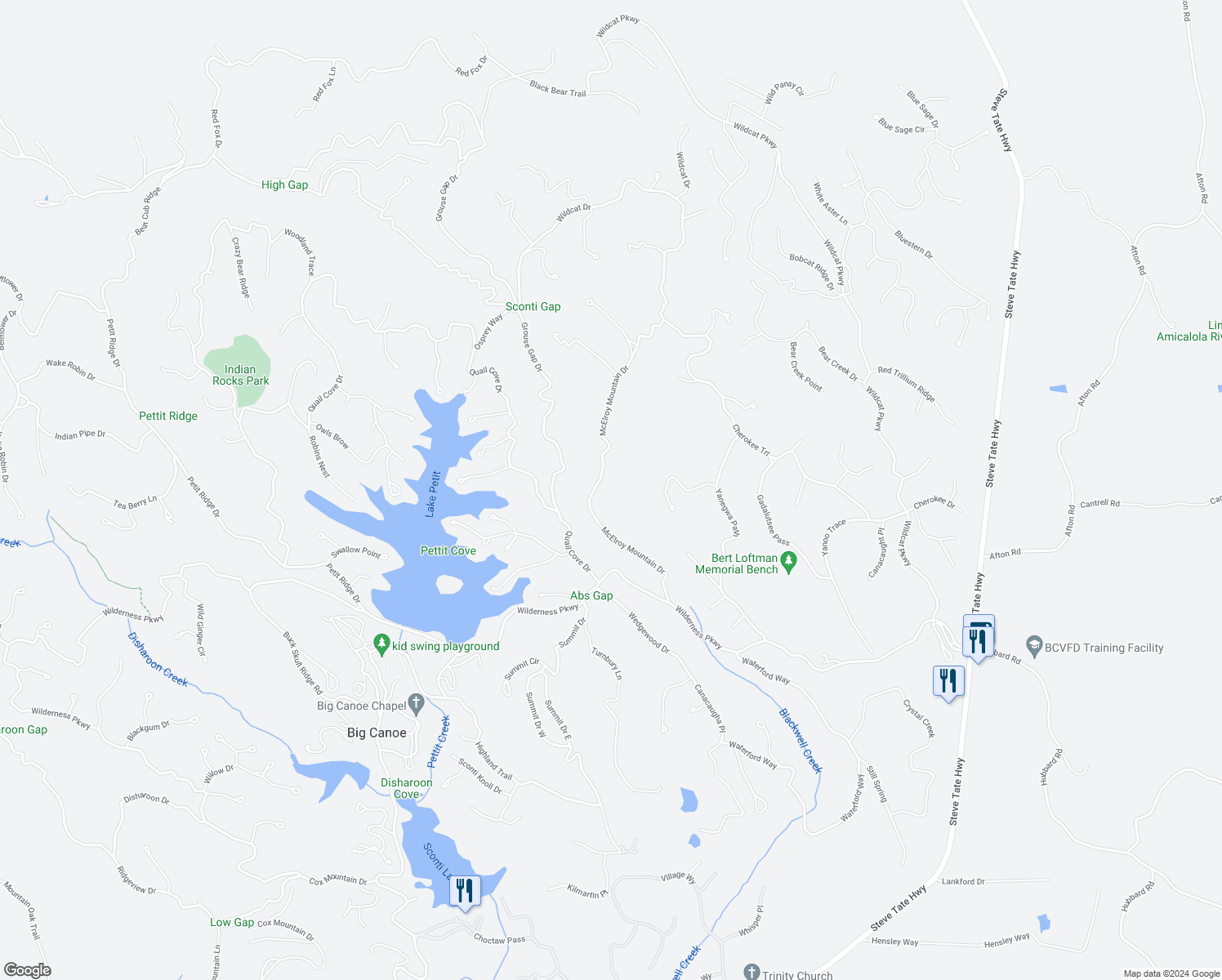 map of restaurants, bars, coffee shops, grocery stores, and more near 2107 McElroy Mountain Drive in Dawsonville