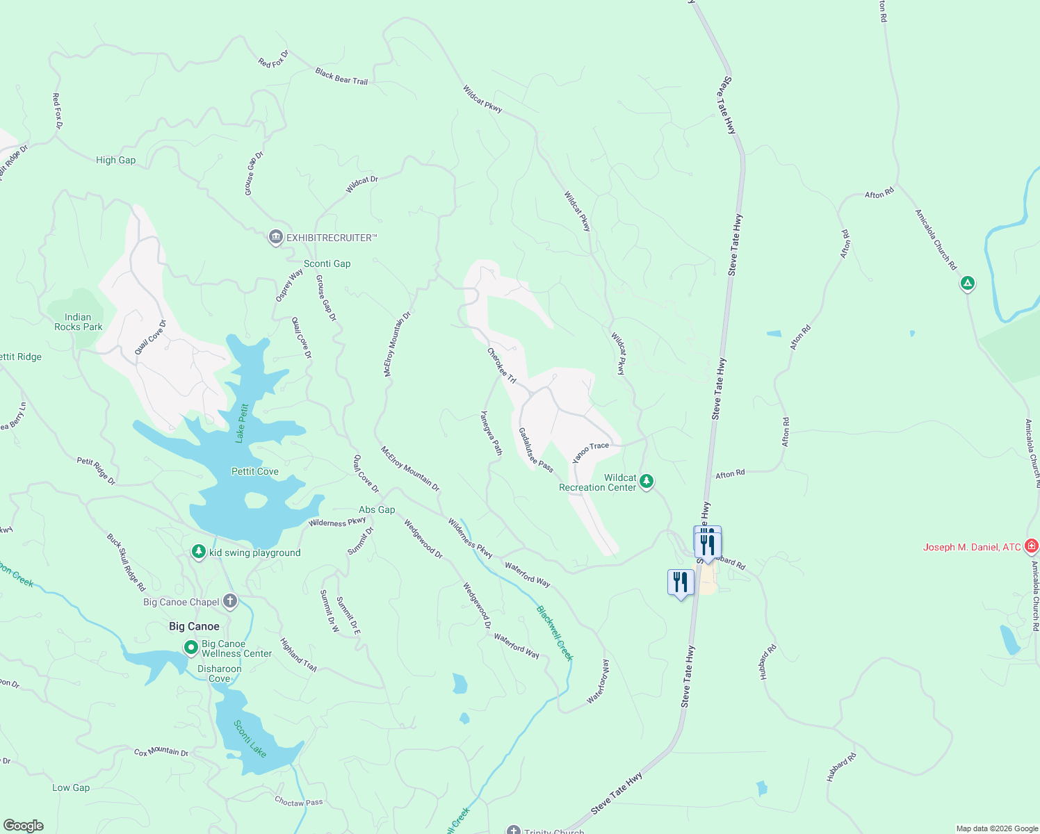 map of restaurants, bars, coffee shops, grocery stores, and more near Ahyoka Knoll in Dawson County