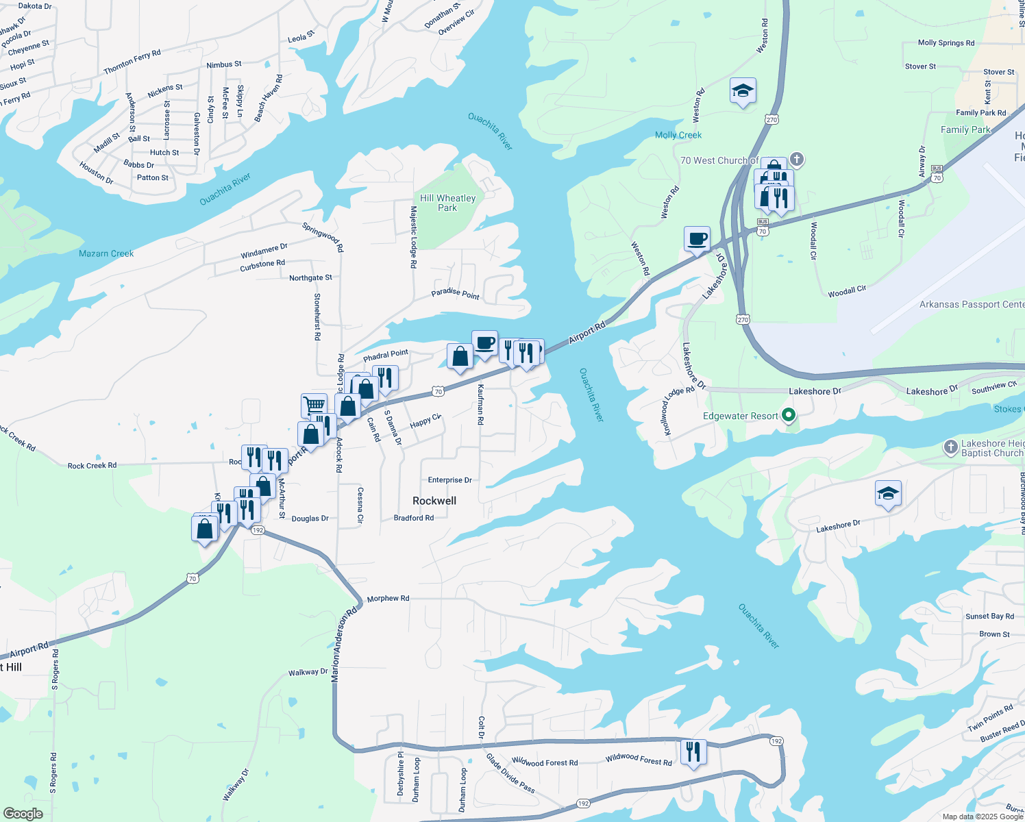 map of restaurants, bars, coffee shops, grocery stores, and more near 102 Thistledown Trail in Hot Springs